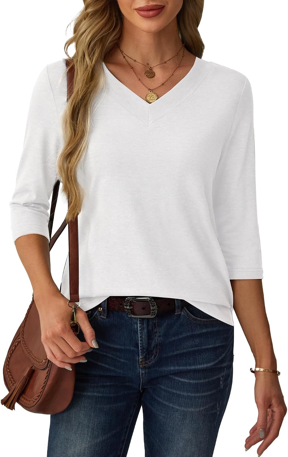 3/4 Length Sleeve Womens Tops V Neck Casual Tunic Loose Fit Basic Shirts Trendy Tops for Women 2026