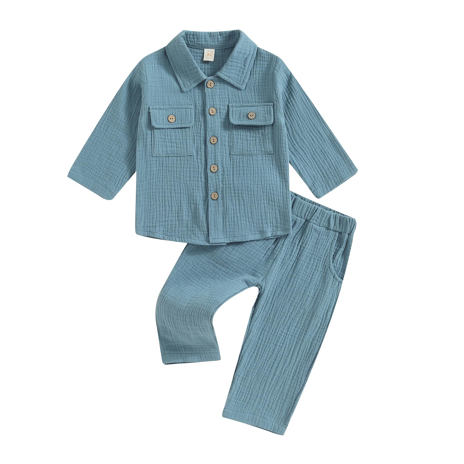Toddler Boy 2 Pieces Cotton Linen Pajama Set Solid Color Long Sleeve Button Down Shirt Pants Set Summer Fall Lounge Set Baby Shower Clothes