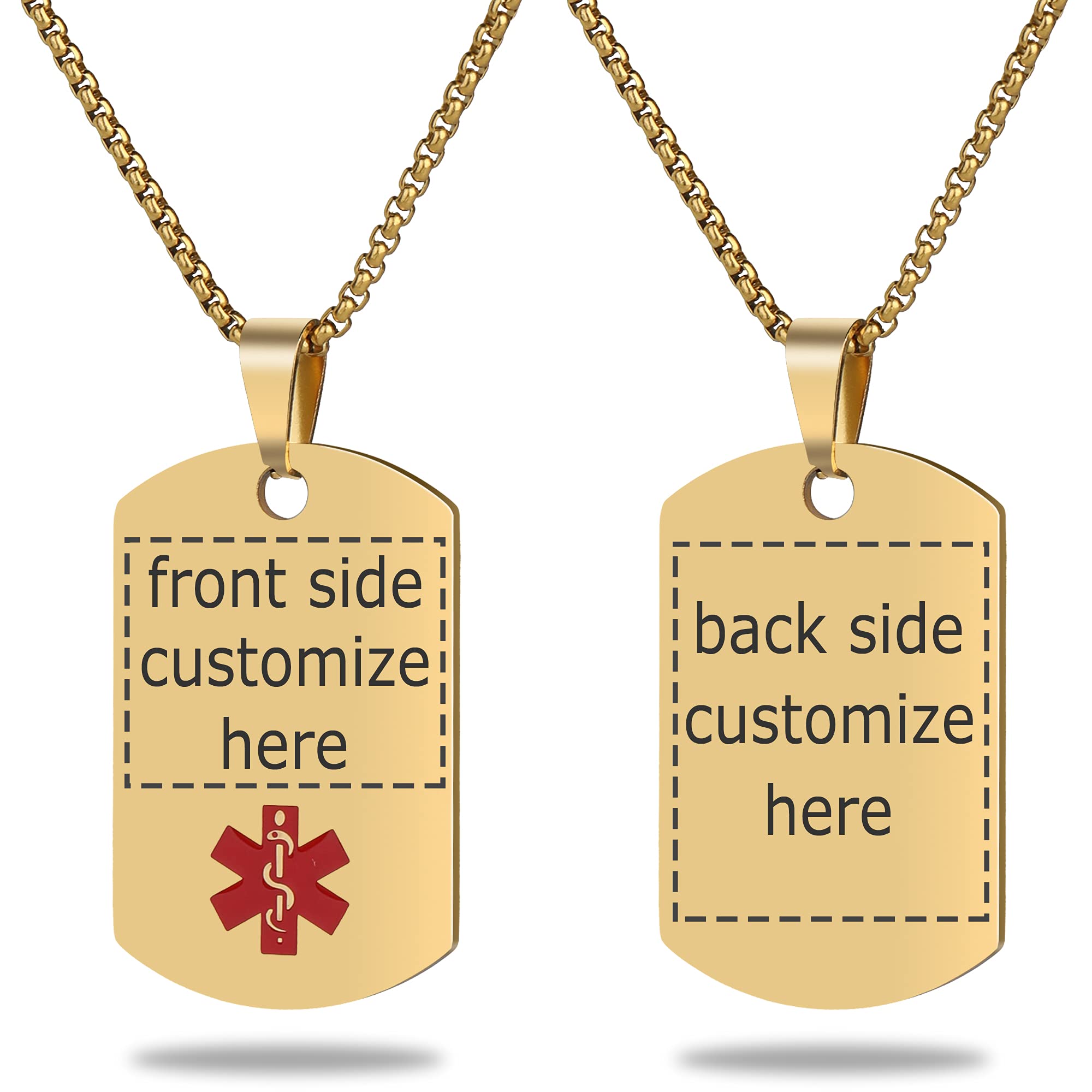 Medical Alert Necklace Free Custom Engraving Personalized Gift Gold Polished Stainless Steel ID Tag Pendant for Men Women