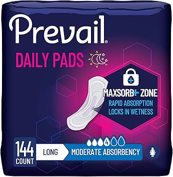 Prevail - Incontinence Bladder Control Pads for Women - Moderate Absorbency - Long Length - 144 Count (9 packs of 16)