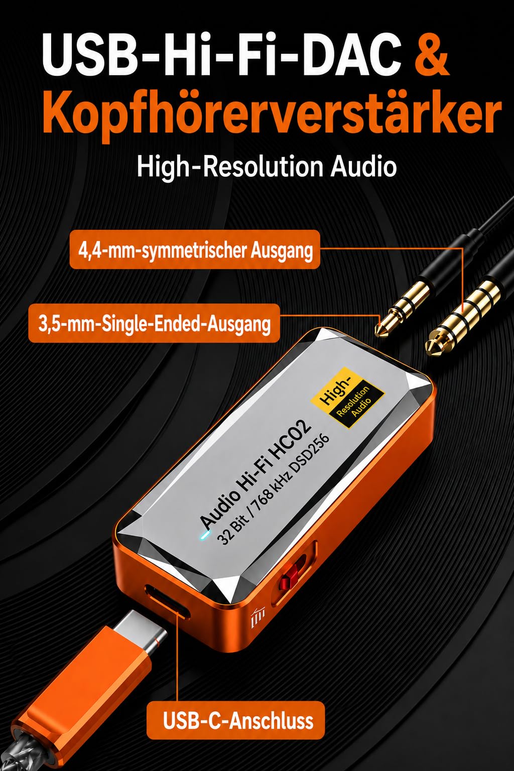 USB-C DAC Kopfhörerverstärker, 3,5 mm und 4,4 mm, HiFi DAC Dongle mit CS43198, 32 Bit/768 kHz, DSD256, tragbarer Audioadapter für Smartphone, Tablet, Laptop und PC, Orange