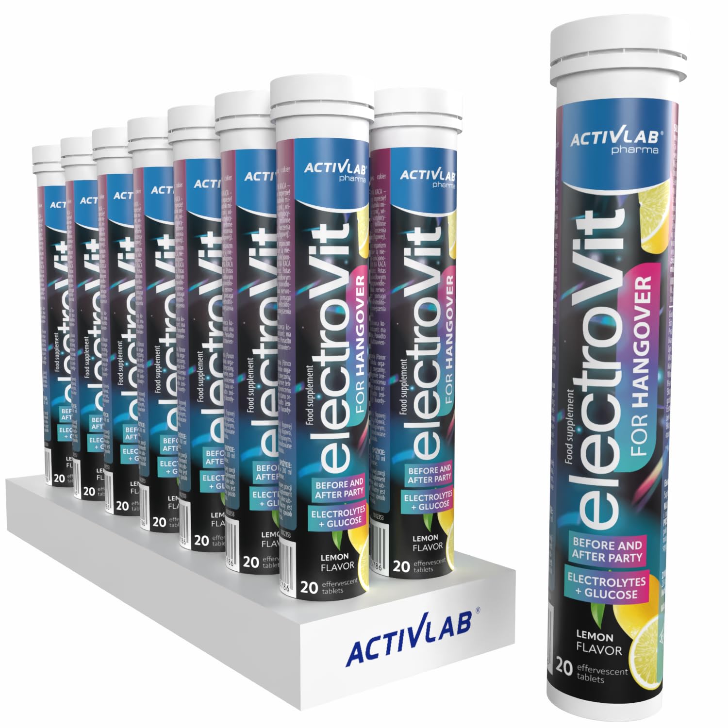 Activlab ElectroVit Hangover Post-Party Support z glukozą, elektrolitami i ekstraktami roślinnymi, 14 x 20 tabletek musujących, smak cytrynowy, sód, potas, cynk, magnez, B6, witamina C