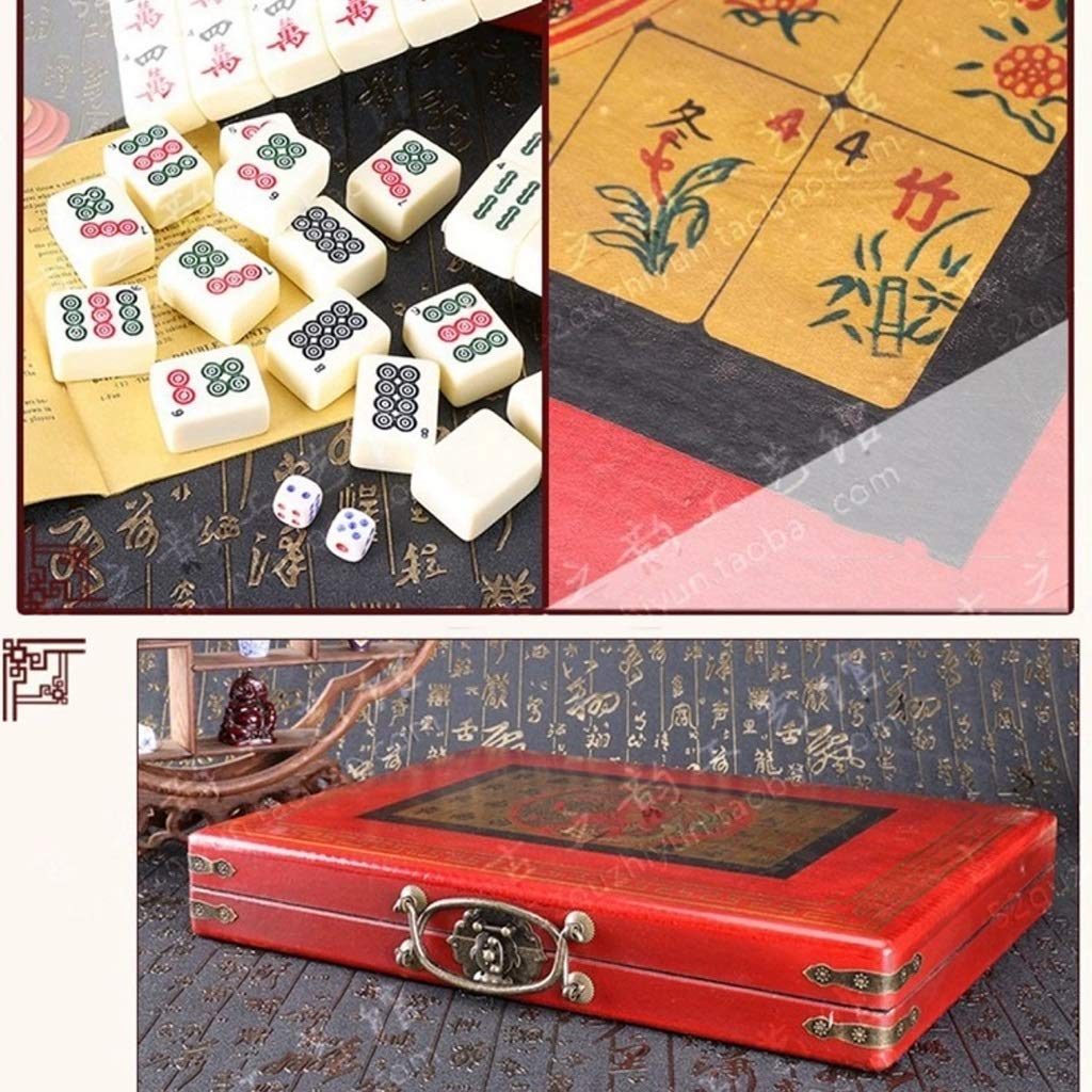 Chiński Mahjong z pudełkiem, mata, gra planszowa, gry karciane, 144 tradycyjne chińskie gry mahjong na rękę, nadaje się na imprezy, rozrywkę (rozmiar: 36 x 28 x 20)