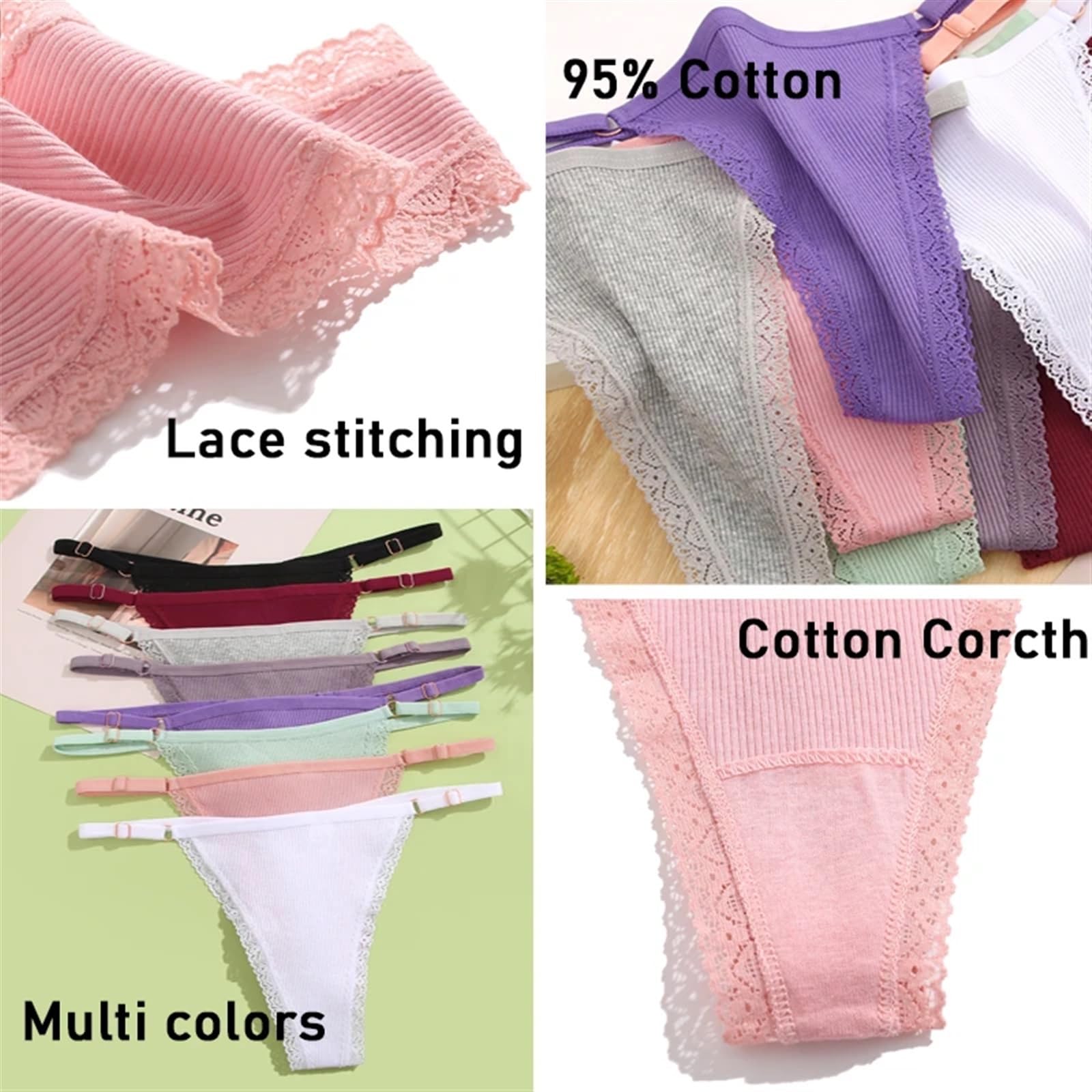 Majtki po kolana 7 sztuk/zestaw seksowne koronkowe bawełniane majtki dla kobiet stringi z niskim stanem regulowane paski w talii stringi miękka bielizna bielizna przewiewna (Color : Set 10, Size : L