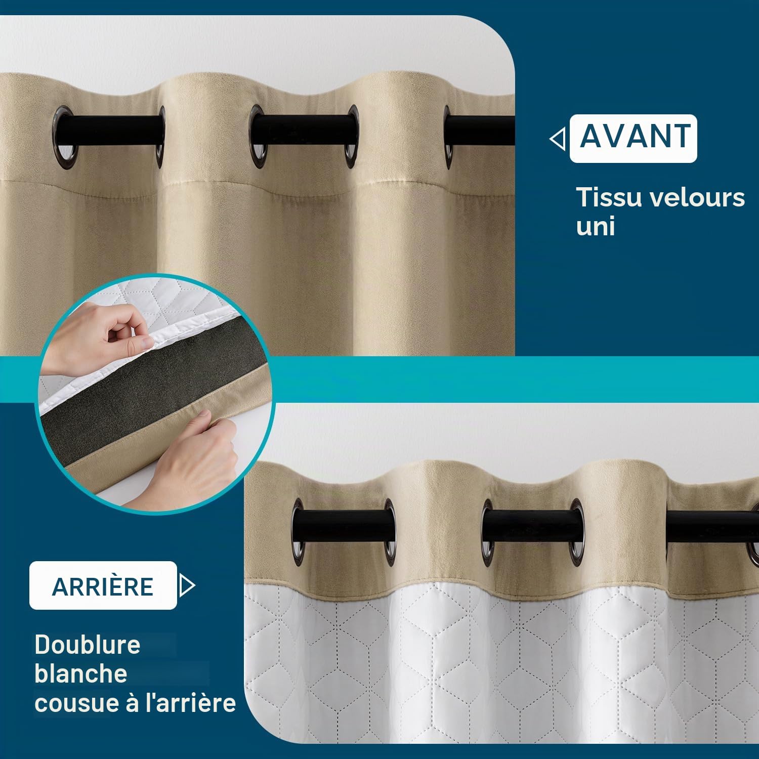 EMEMA Rideau Velours Beige Occultant Thermique à Oeillets 1x132x260cm | Double Couche Isolation Anti Froid Intimité Phonique Salon Chambre Cuisine Perforé Tissu Hivernal Épais Doux
