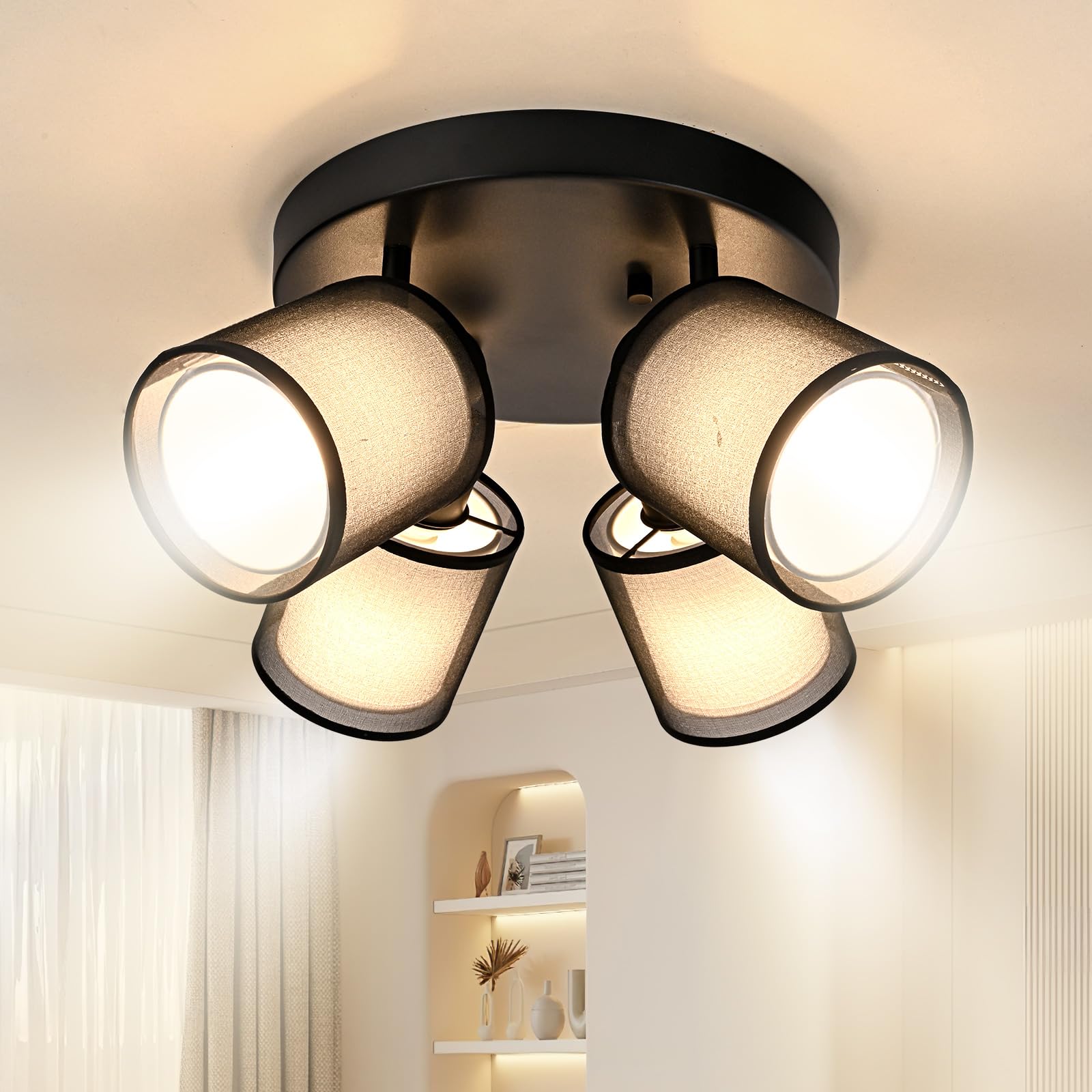 Doughelec Deckenlampe Deckenstrahler 4 Flammig Wohnzimmer - Schwarz Deckenleuchte Deckenspot Rund Vintage E14 Schwenkbar Lampe Decke Wandstrahler MAX 30W Spot Stoff für Küche Flur, Ohne Leuchtmittel