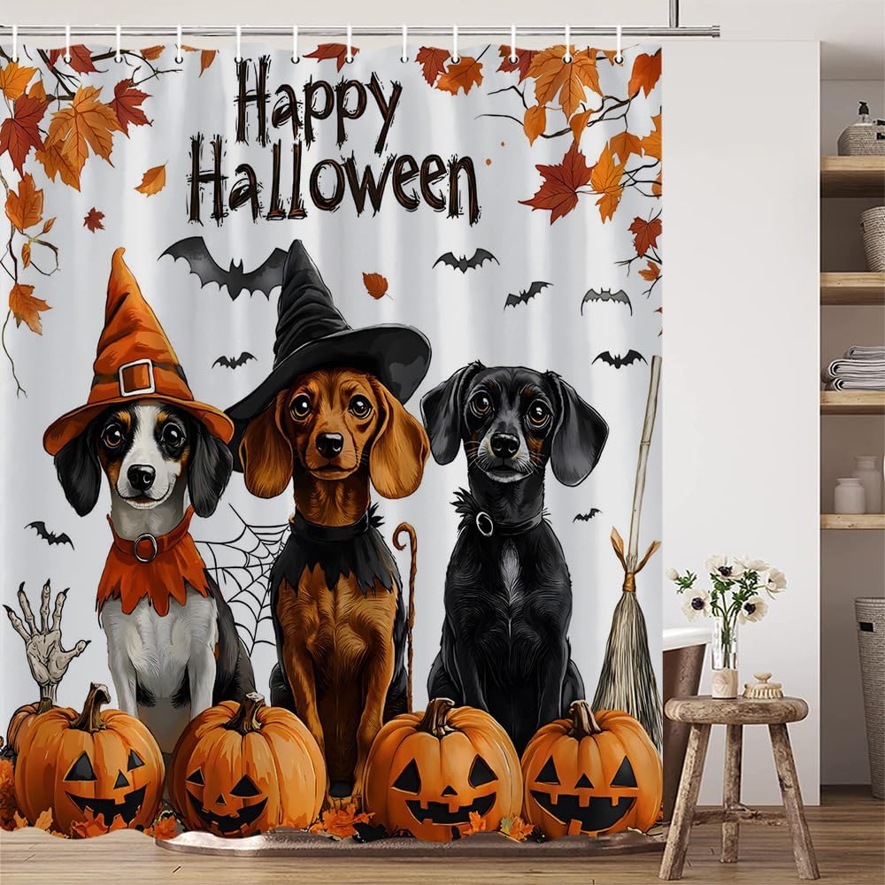 Happy Halloween Dog Shower Curtain Funny Dogs Witch Pumpkin Bats Autumn Maple Leaves Horror Ghost Witchcraft Cute Animal Bathroom Decor Set Polyester Fabric with Hooks 70X88 Inch