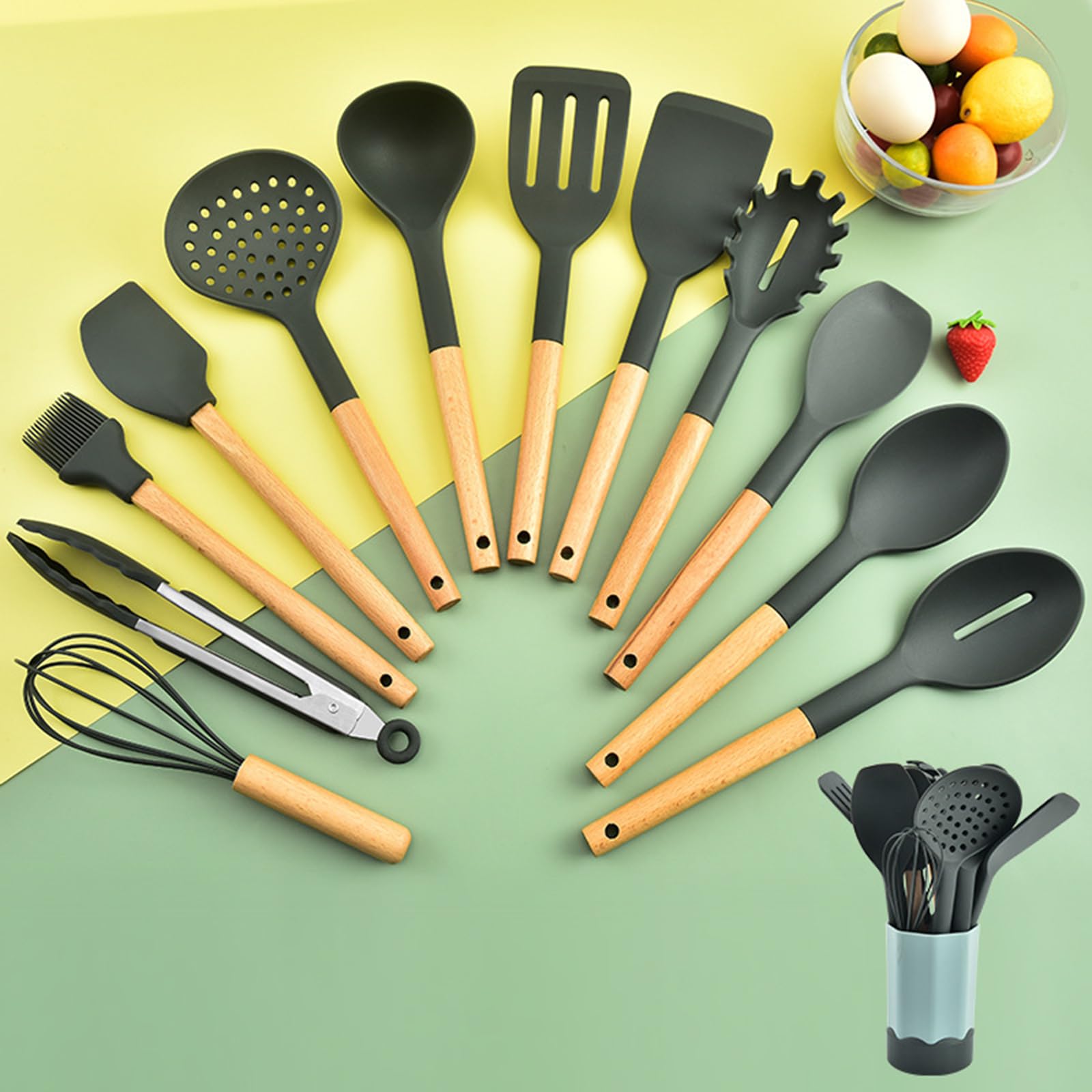 11 Stück Küchenhelfer Set, Silikon Küchenutensilien Set, Antihaft Hitzebeständiger Holzgriff Kochbesteck Mit Utensilienhalter, Silikonspatel Kochgeschirr Set, Spülmaschinengeeignet