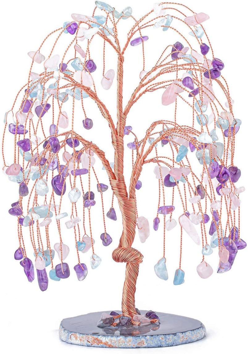 CrystalTearsAmethyst Rose Quartz Aquamarine Healing Crystal Money Tree Natural Crystal Gemstone Bonsai Tree Gifts for Christmas Wealth Good Luck Home Decor 5.5"-6.3"