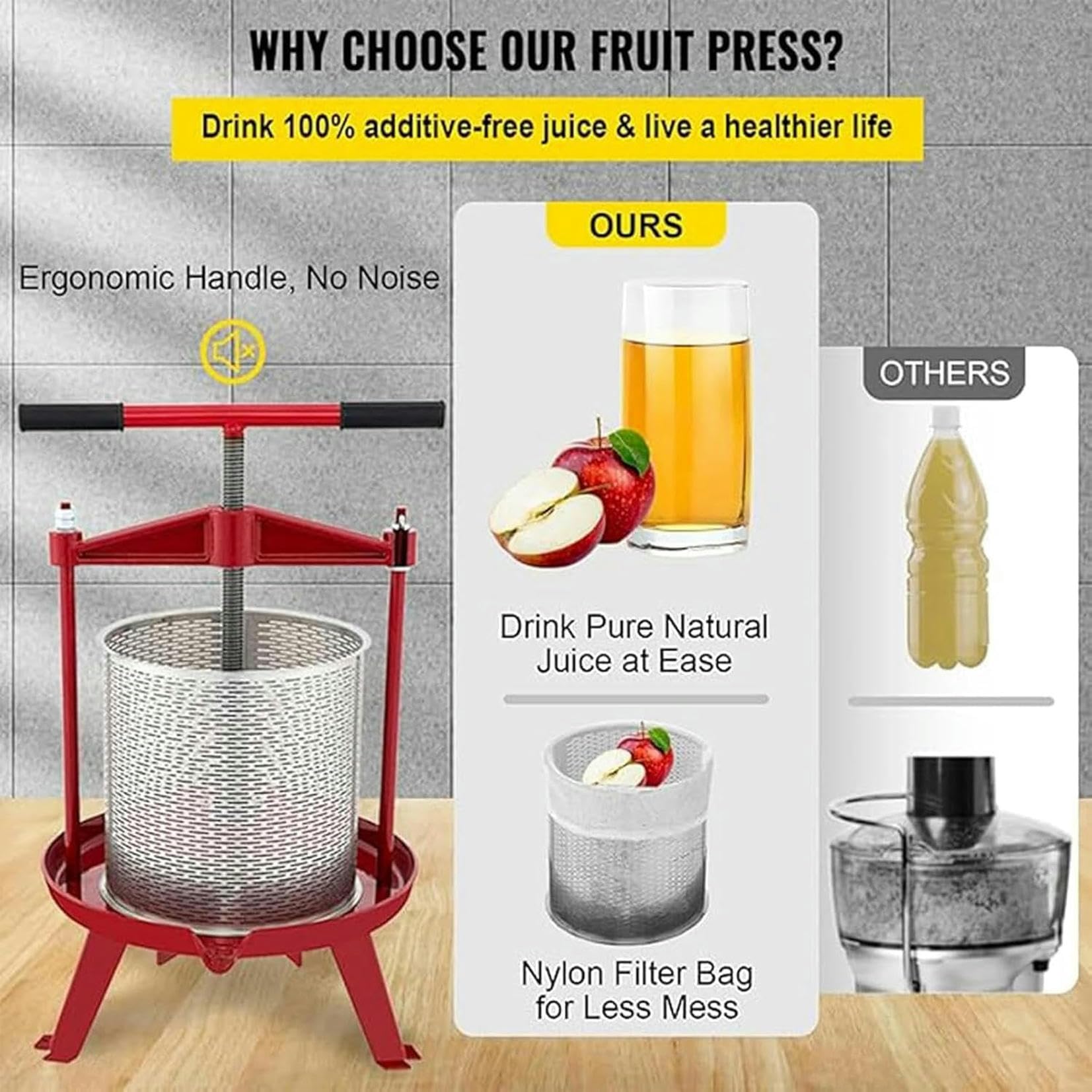 Prensa de Frutas de 14 l, para Hacer Vino y Sidra, Cesta Hueca de Acero Inoxidable, Base Resistente y Estable, Prensa ergonómica con Mango en T para huertos y Temporada de Cosecha~/