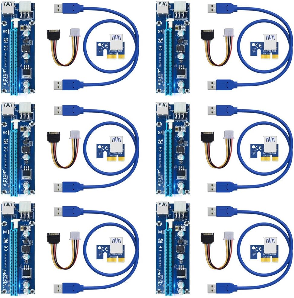 VICTONY 6-Pack PCIe Riser Mining Card 6-Pin PCI-E 16x to 1x GPU Riser Adapter 60cm USB 3.0 Riser Cable Flex Flexible Extension Cable & MOLEX to SATA Power Cable,Powered Riser Adapter Card