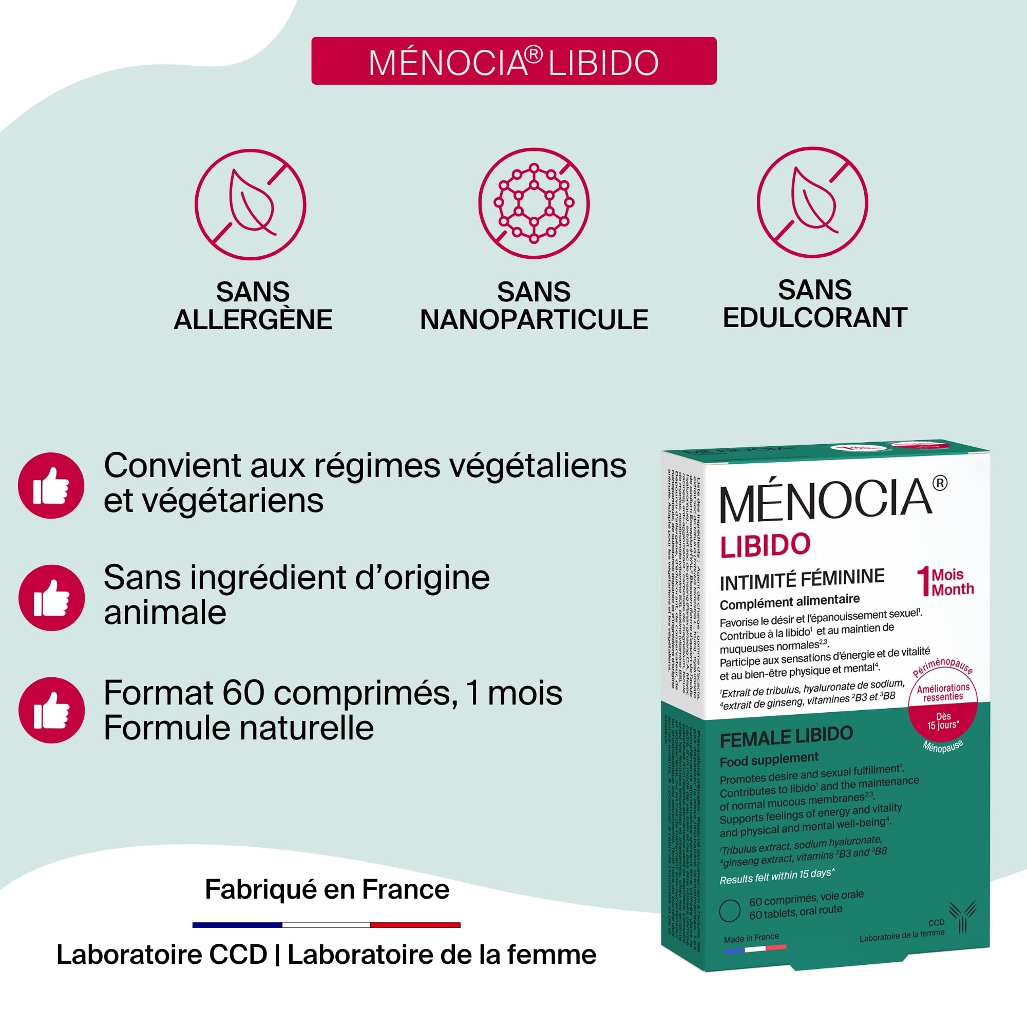 MÉNOCIA® Libido | Complément Alimentaire Intimité Féminine | Tribulus, Ginseng, Vitamines B3 & B8, Hyaluronate | | Libido, Énergie, Confort Intime | 60 Comprimés | Sans Hormones | Fabriqué en France