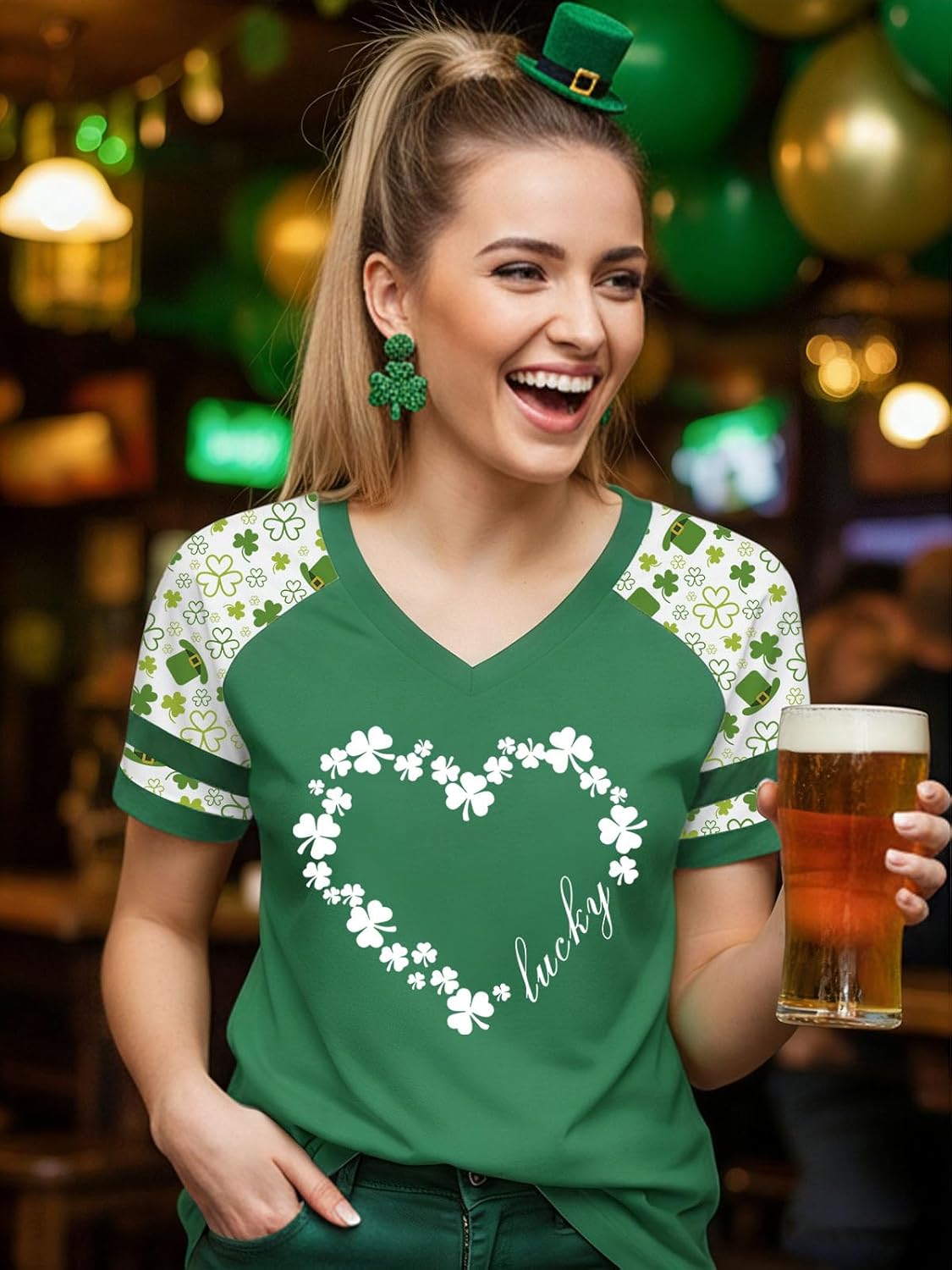 St Patricks Day Shirt Women V Neck Irish Shamrock St Paddys Day Tee Holiday Raglan Short Sleeve Tops - Image 4
