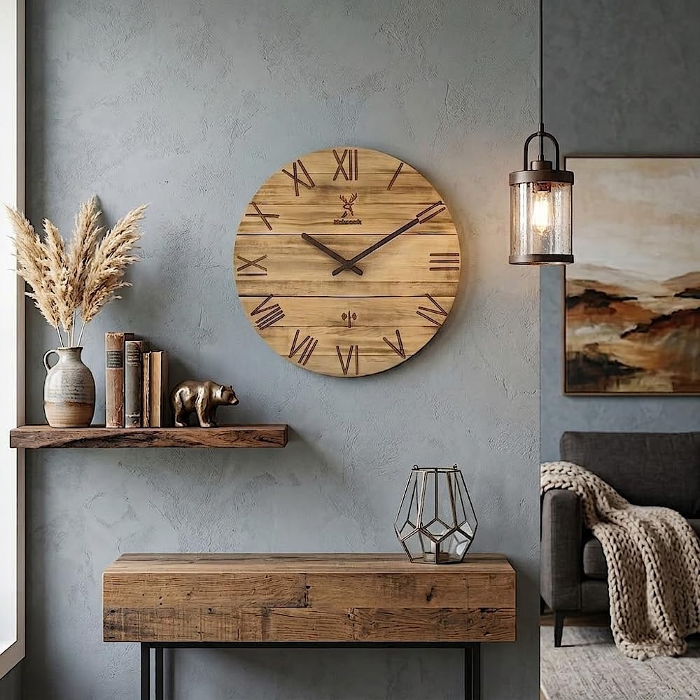 Holzwerk 35cm Vintage Natur Geflammte Holz Funkwanduhr Funk Wanduhr Holzuhr Funkuhr lautloses Uhrwerk Braun nahezu lautlos Retro Rustikal Massivholz Uhr Römische Ziffern