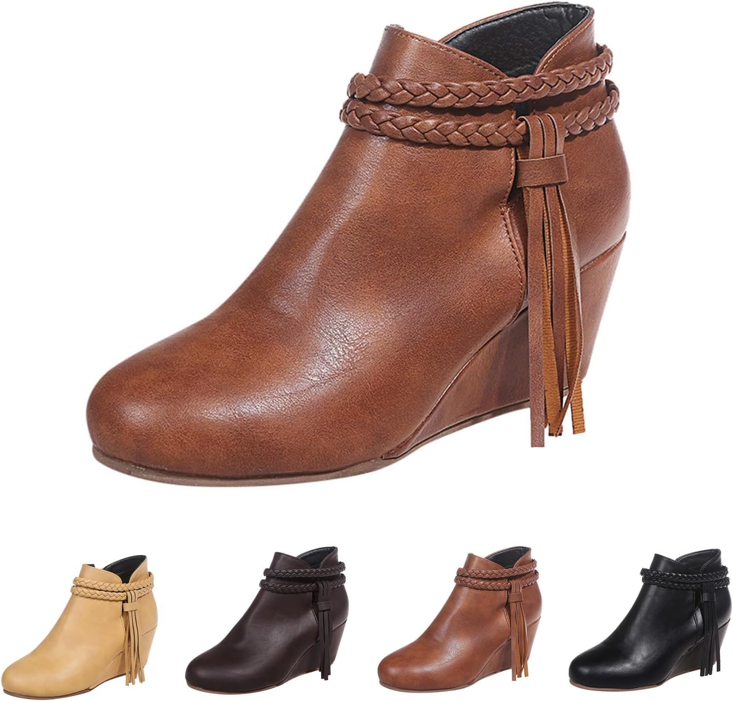 Women's Wedge Ankle Boots Braided Fringe Strap Western Heeled Fall Booties Knot Stacked Heeled Side Zipper Winter Shoes