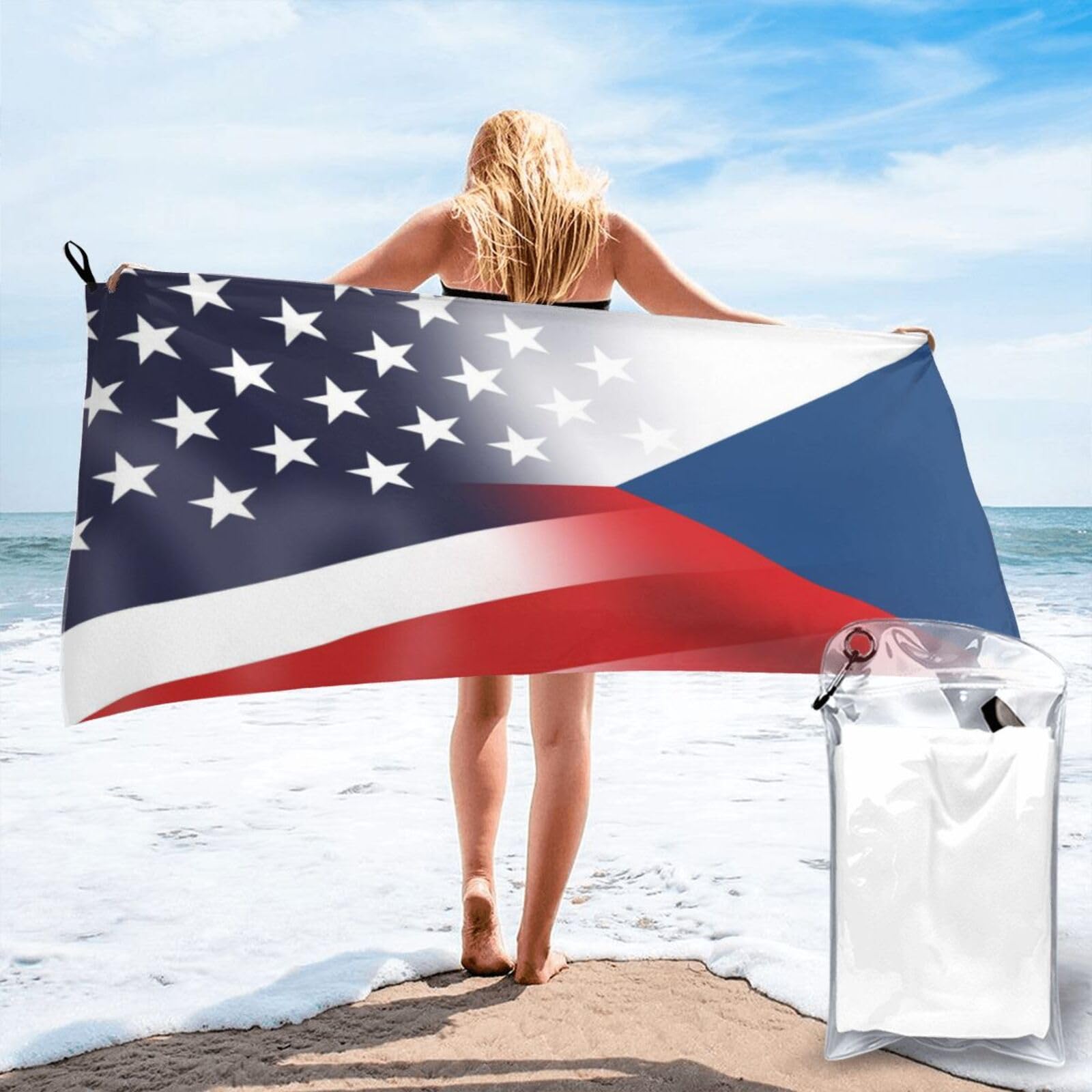 HACXZ Funny America Flag and Czech Czechish Flag Absorbent Beach Towel Microfiber Beach Shower Towel 31.5"X63"