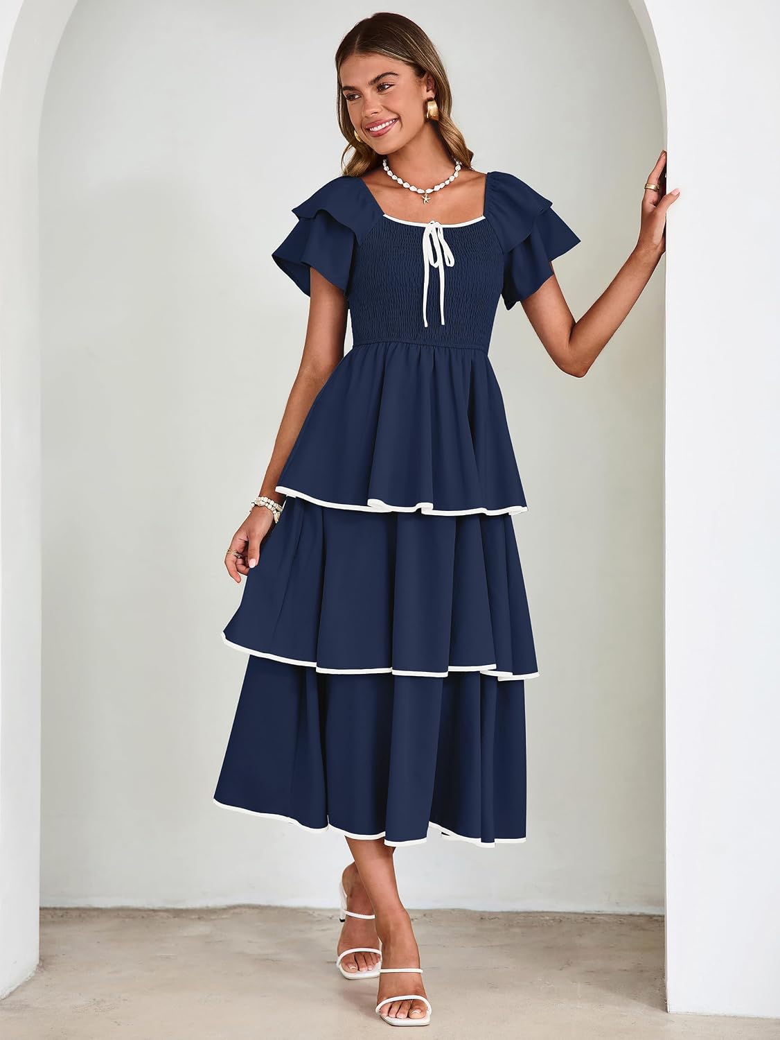 BerryGo Womens Summer Flowy Wedding Guest Maxi Dress Smocked Tiered Boho Casual Short Sleeve Square Neck Ruffle Dresses