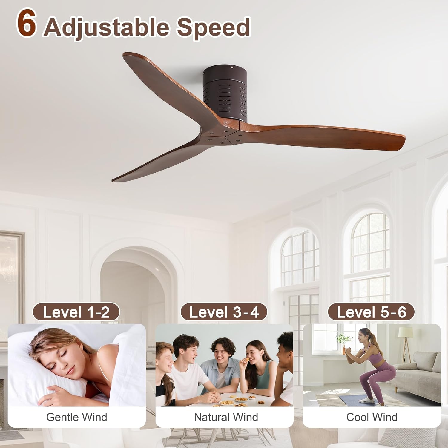 Sofucor 52 Inch Ceiling Fan No Light, Solid Wood Indoor/Outdoor Ceiling Fans Without Lights, Reversible DC Motor, 6 Speed, Flush Mount Ceiling Fans for Bedroom Living Room Farmhouse Patio - Image 4