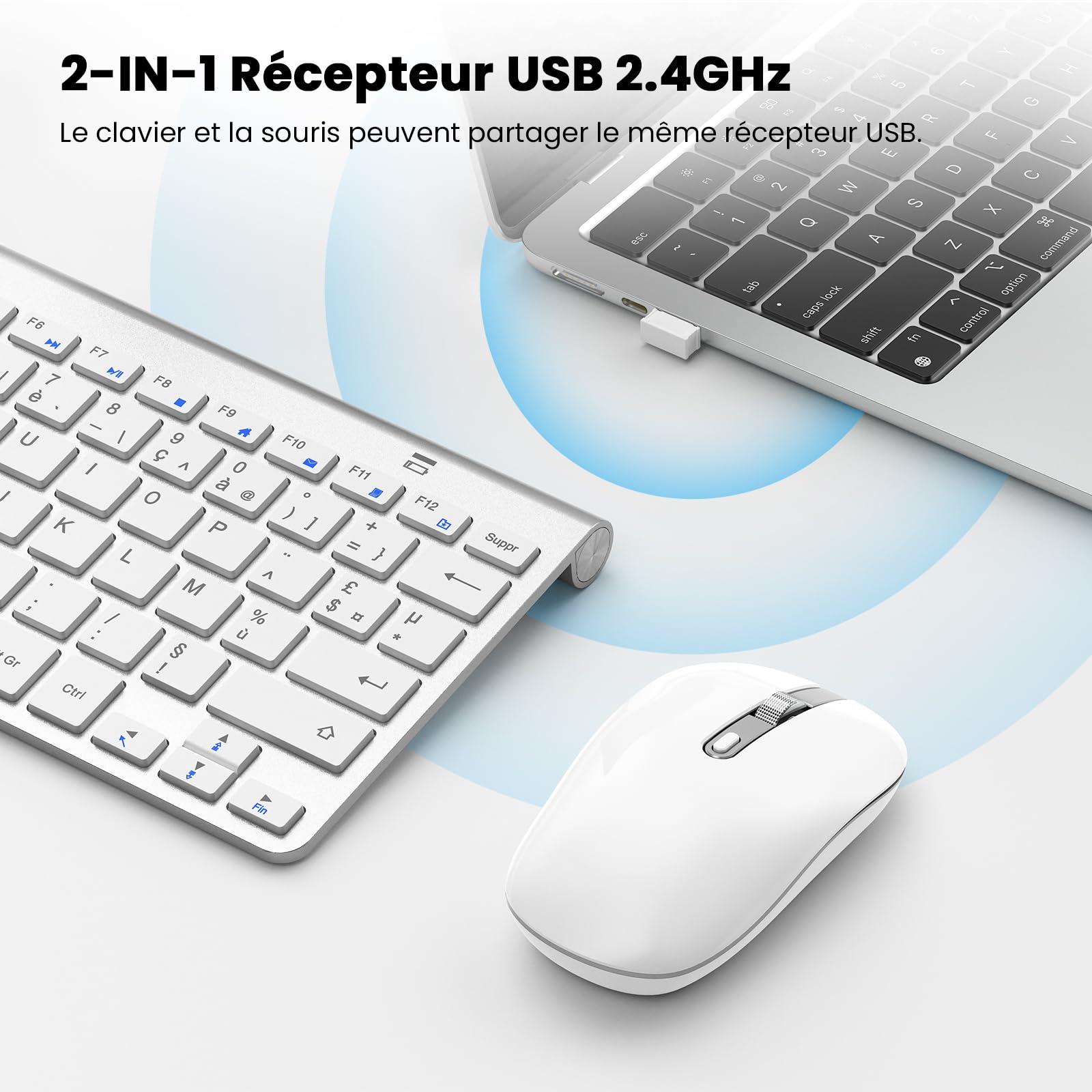 cimetech Ensemble Clavier et Souris sans Fil Silencieux, 2,4G Récepteur USB, AZERTY Mini Clavier Slim Compacte Portable et Moderne pour PC/Ordinateur Portable/Ordinateur de Bureau - Blanc