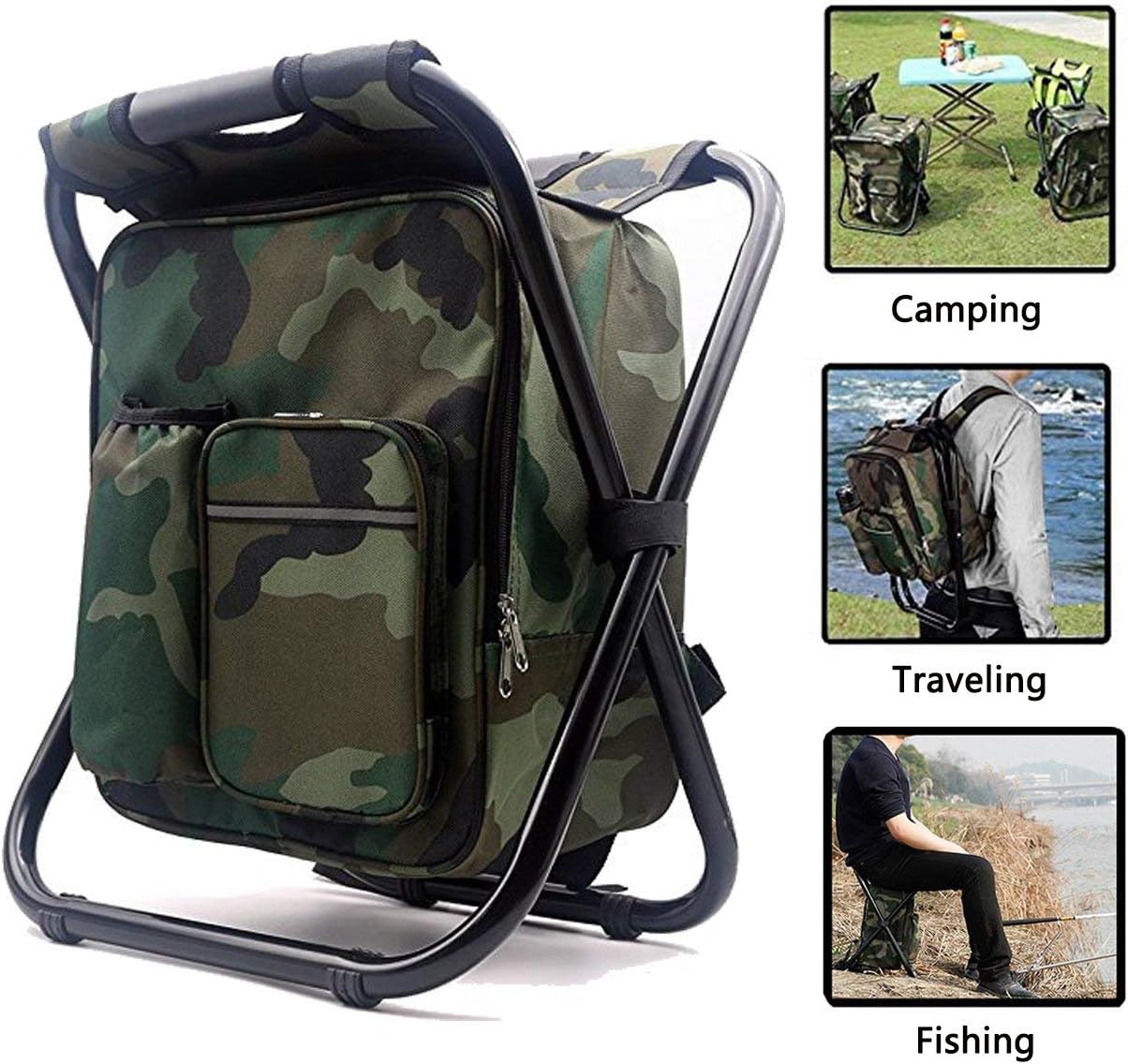AMERIGUY Folding Camping Stool Backpack Chair with Cooler Insulated Picnic Bag - Camouflage Rucksack Seat Bag for Outdoor Travel, Hiking, Fishing, Beach, BBQ.