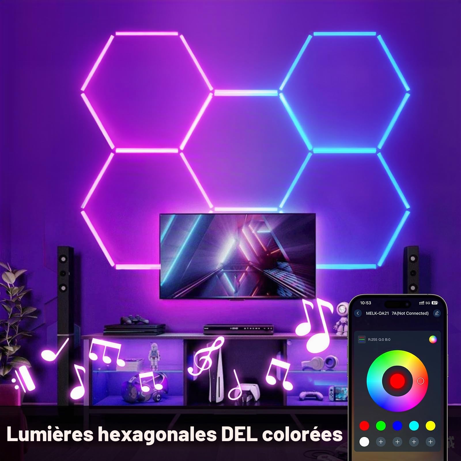 5 Hex RGB Plafonnier LED hexagonal pour garage lot de tubes lumineux | 216W dimmables et connectables avec télécommande/application pour salles de jeux/bars/fêtes/salons de beauté automobile