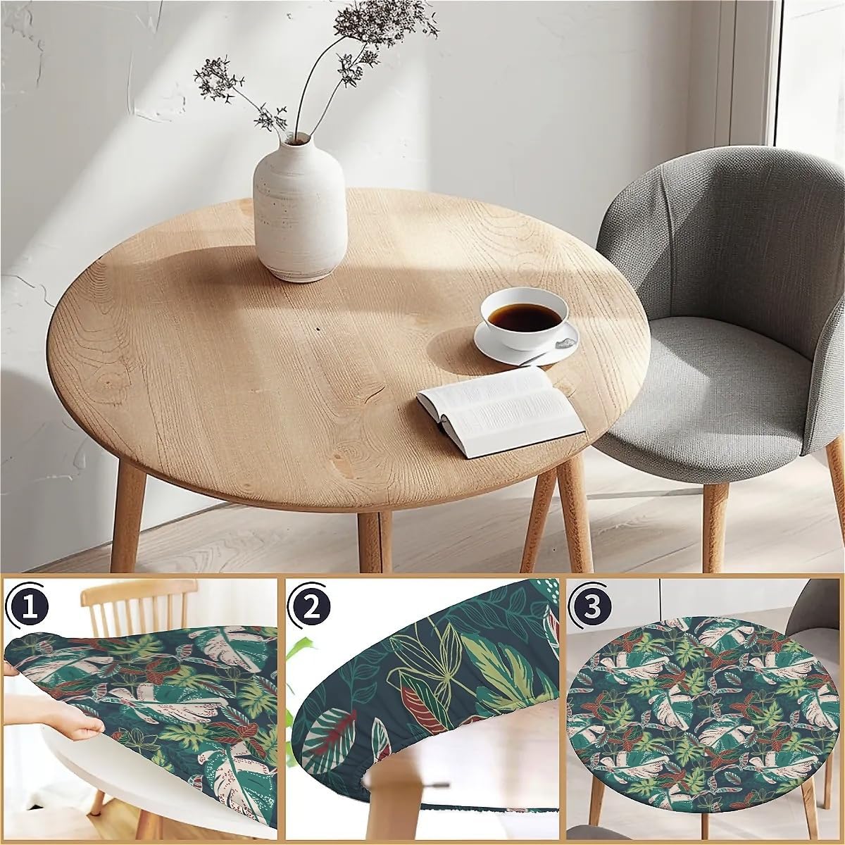 Round Fitted Tablecloth with Elastic Edge, Waterproof Stain Resistant Fabric Table Cover for 53"-60" Round Table, Indoor Outdoor Dining, Kitchen Decor, Camping, Holiday, Party, Tropical Palm