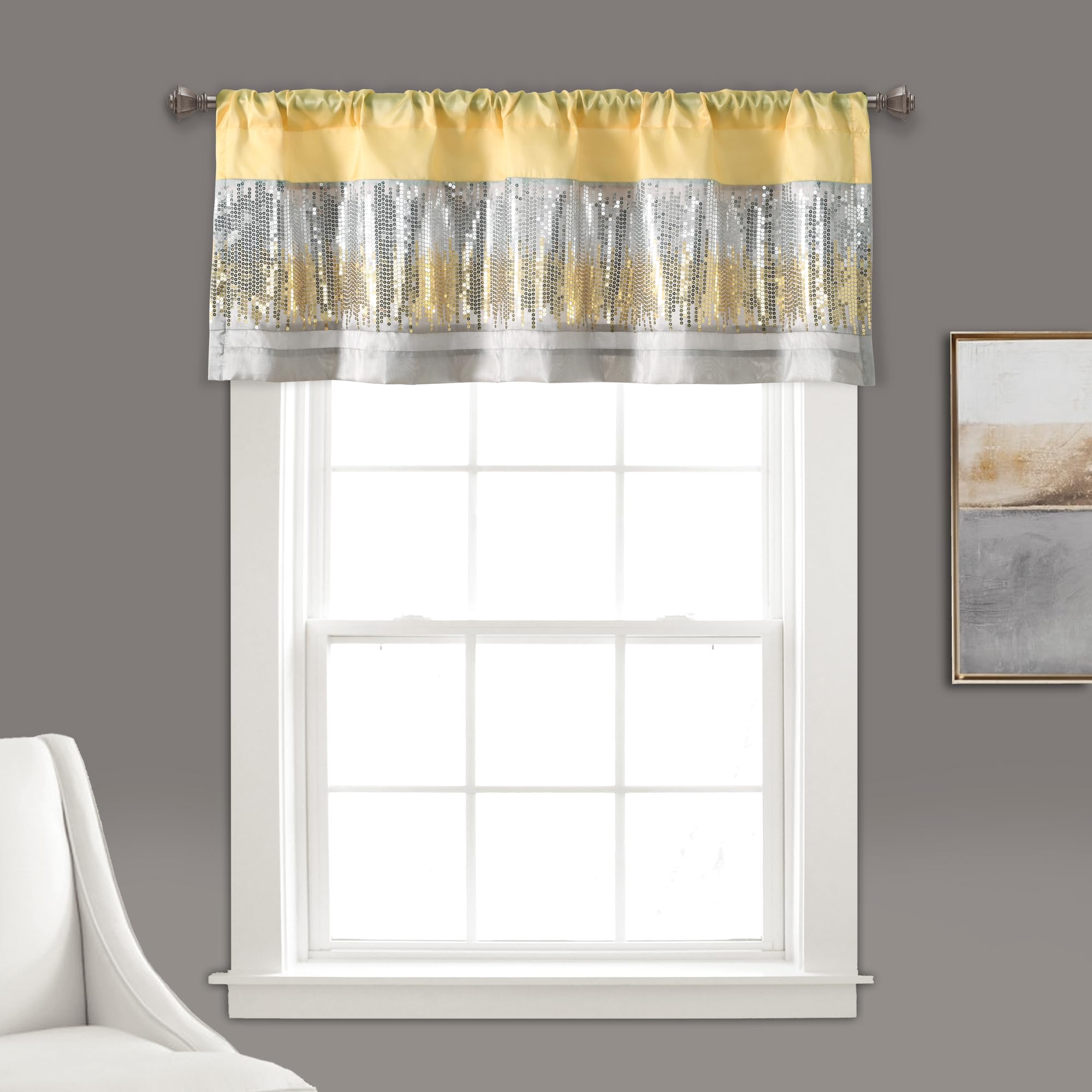 Cenefa de cortina para ventana Lush Decor Night Sky, lentejuelas decorativas gris y amarillo
