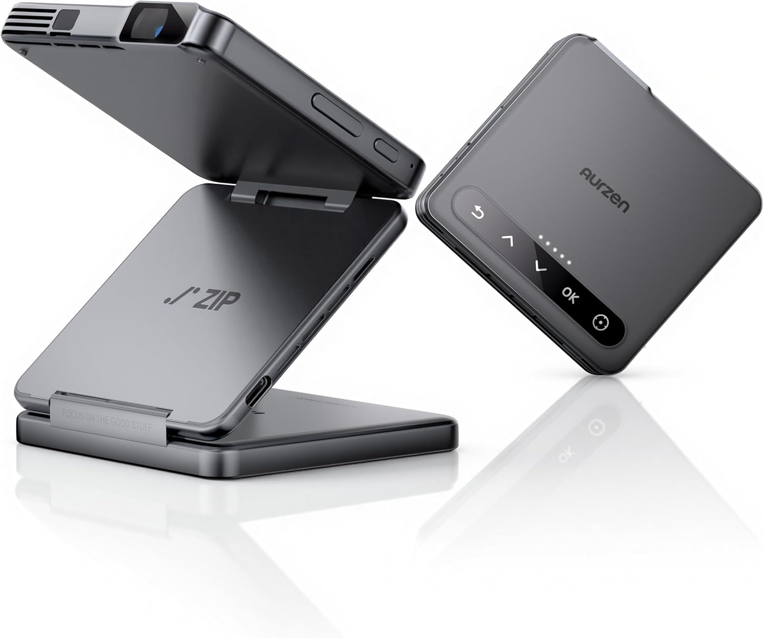 Aurzen ZIP Tri-Fold DLP Mini Projector: Pocket-Sized 720p Pico with 5000mAh Battery, Bluetooth 5.4, Auto Focus, Screen Mirroring - Grey