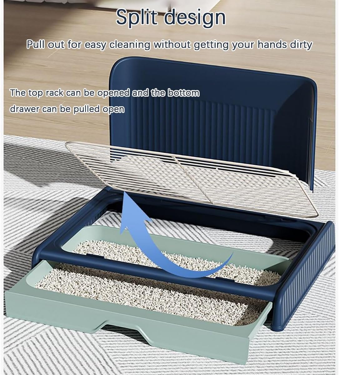 Dog Pee Pad Holder with High Wall, Drawer-Style Large Flat Dog Toilet, Split Design, Clean Without Getting Your Hands Dirty(Blue)