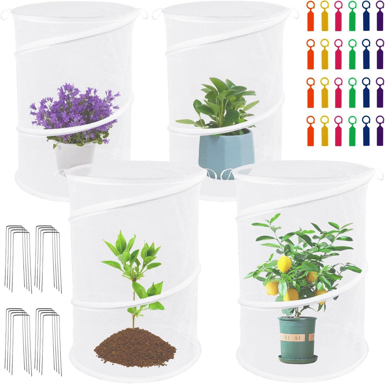 4 Pack Pop Up Plant Covers Tent from Animals, 20" H X 13" Garden Mesh Plant Cover, Outdoor Mesh Plant Enclosure for Pests, Bird and Pest Protection Guard for Plants, with Stakes and Labels (White)