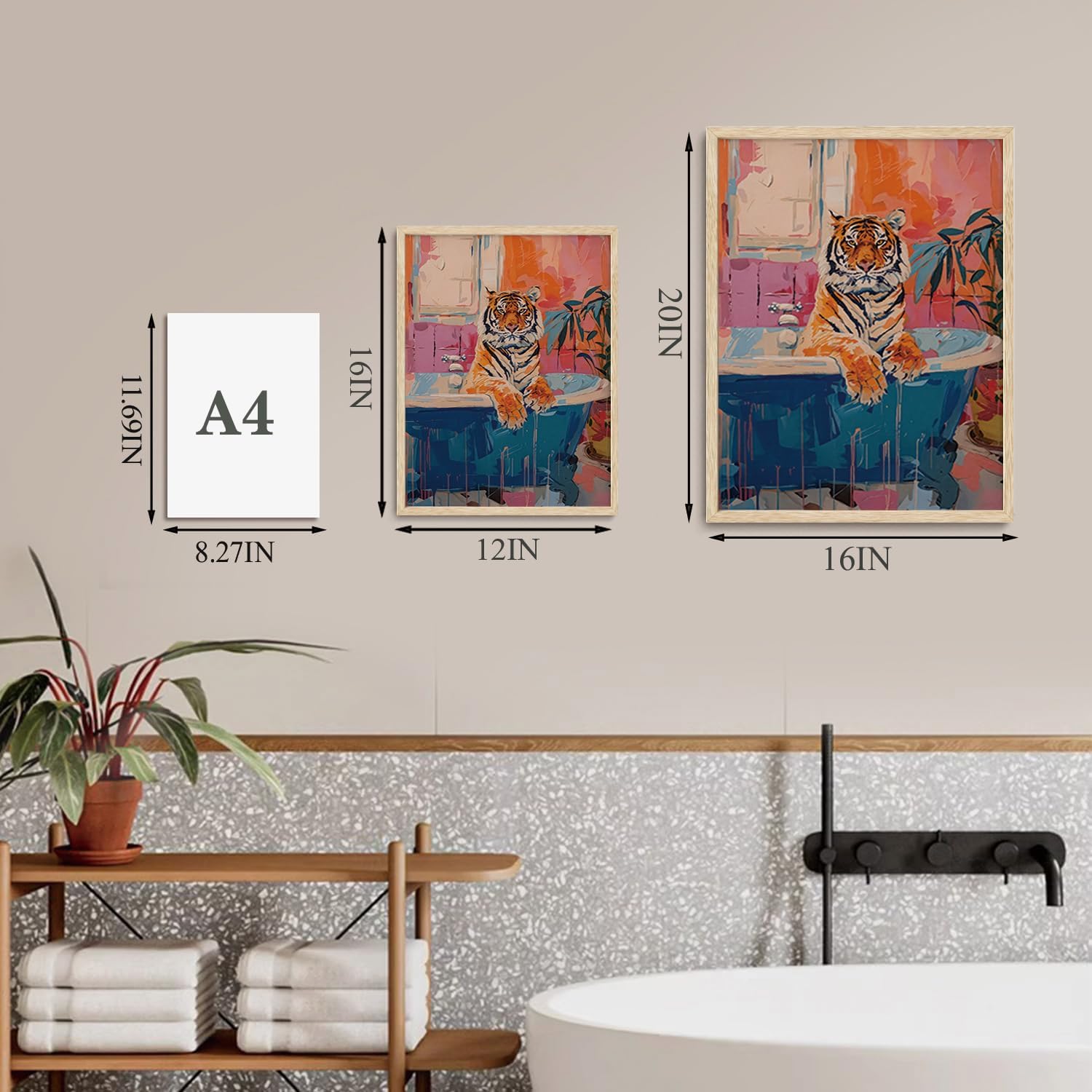 WOKAOGO 2 Piece Framed Wall Art Tiger Wall Decor Animal Canvas Art Whimsical Pictures Cute Paintings Matisse Prints Artwork for Kids Bathroom Restroom