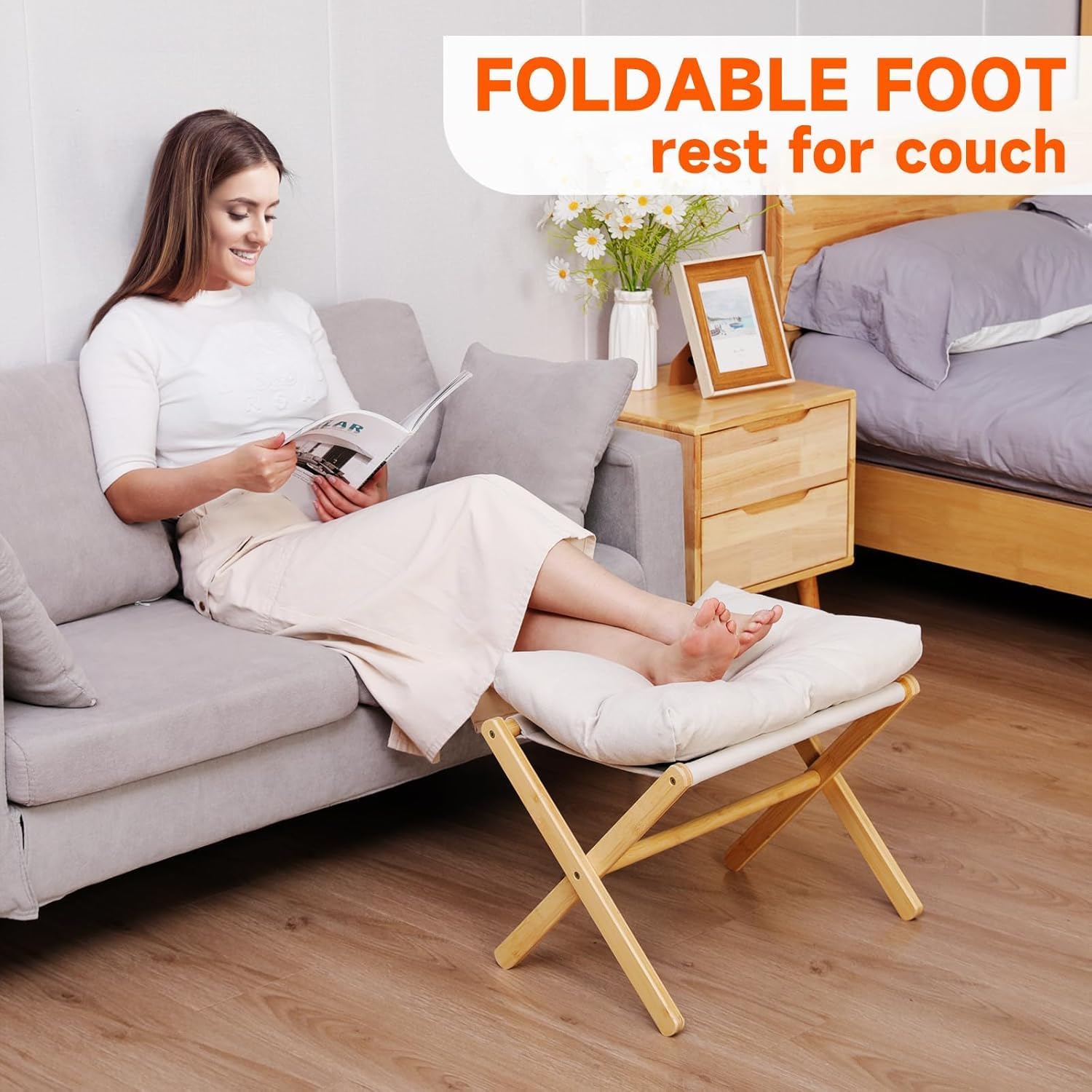 Wood Folding Footrest Stool,Sofa Modern Folding Ottoman Footrest with X Legs,Change Shoes Bench with Thick Cotton Cushion for Entryway Bedroom Living Room (Beige)