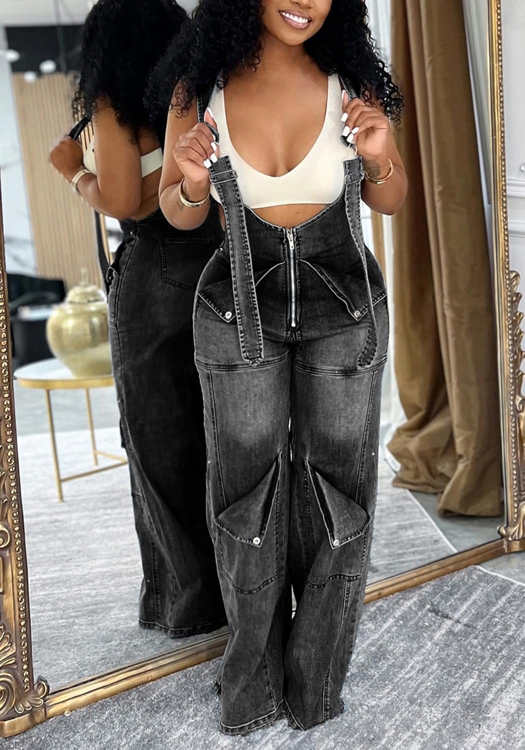 SHINFY Women's Denim Overalls Y2K Straight Wide Leg Bib Overalls Adjustable Strap Cargo Jumpsuits Jean Romper - Image 2