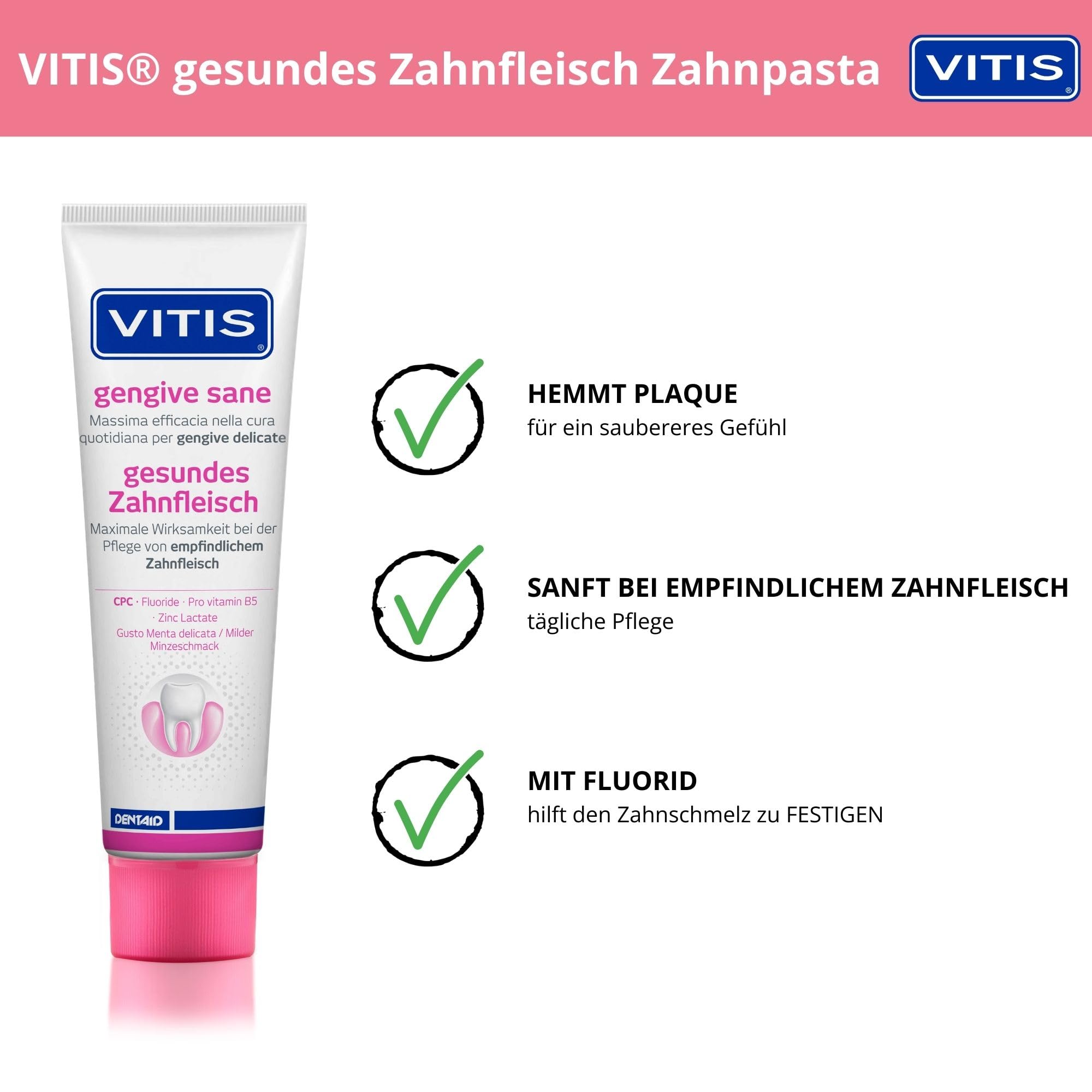 VITIS Kit de cuidado dental saludable para las encías – pasta de dientes y enjuague bucal + cepillo de dientes gingival – para el cuidado bucal diario