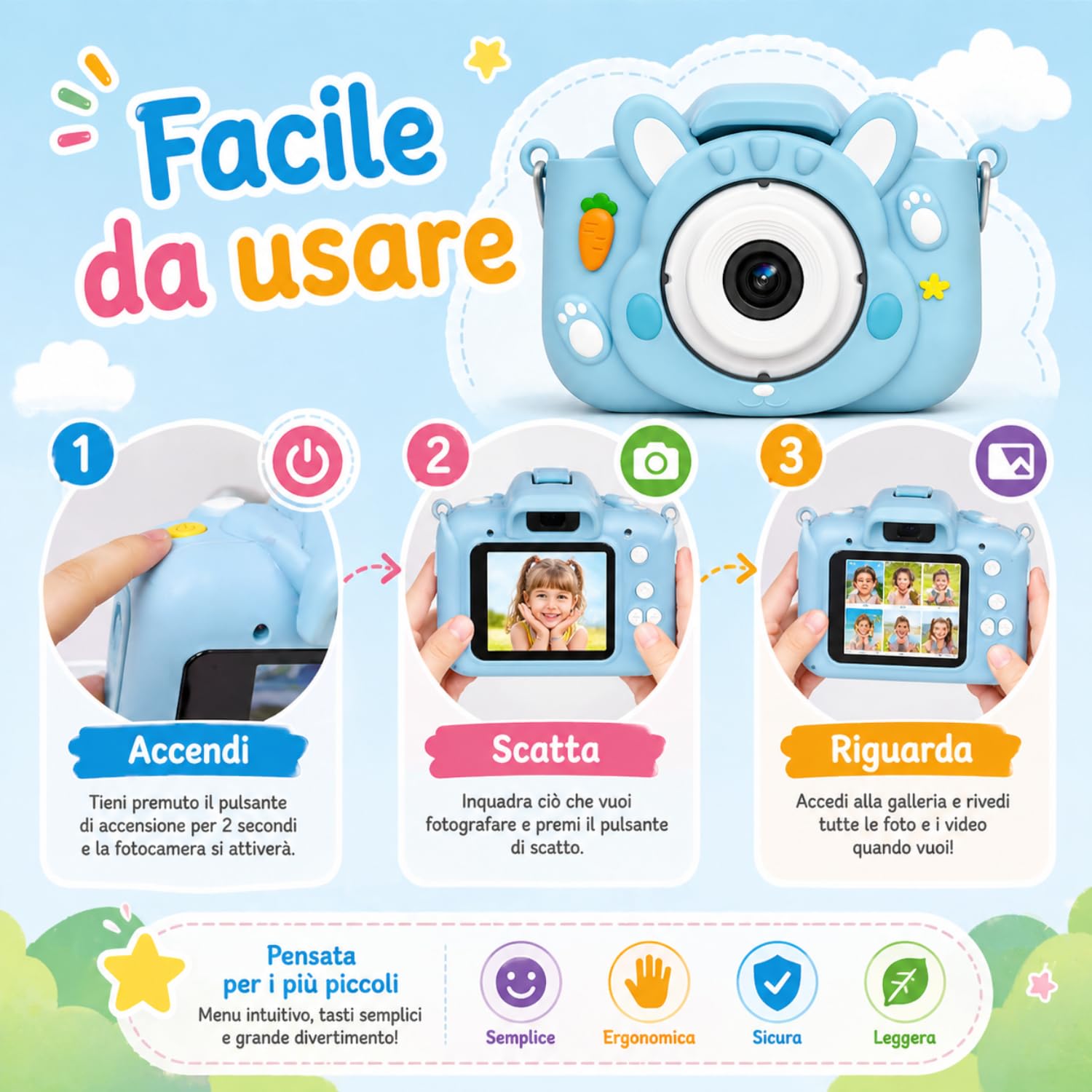 KidsCamera Bibi il Coniglio 2K – Macchina Fotografica Digitale per Bambini 3+ Anni con Memory Card 4GB Inclusa, Foto, Video, Giochi e Filtri – Prima Fotocamera Regalo Compleanno Bambina