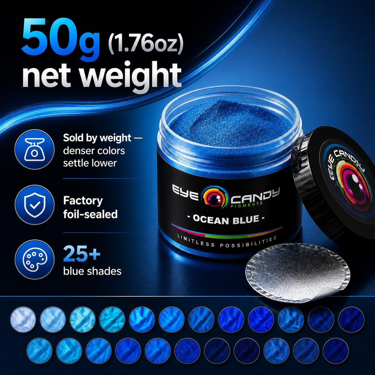 Eye Candy Pigments Premium Blue Mica Powder - Ocean Blue (50gr) - for Epoxy, Resin, Soap, Paint, Woodworking, Acrylic Pouring, Bath Bombs, Fishing Lures - DIY Arts and Crafts Additive image 3