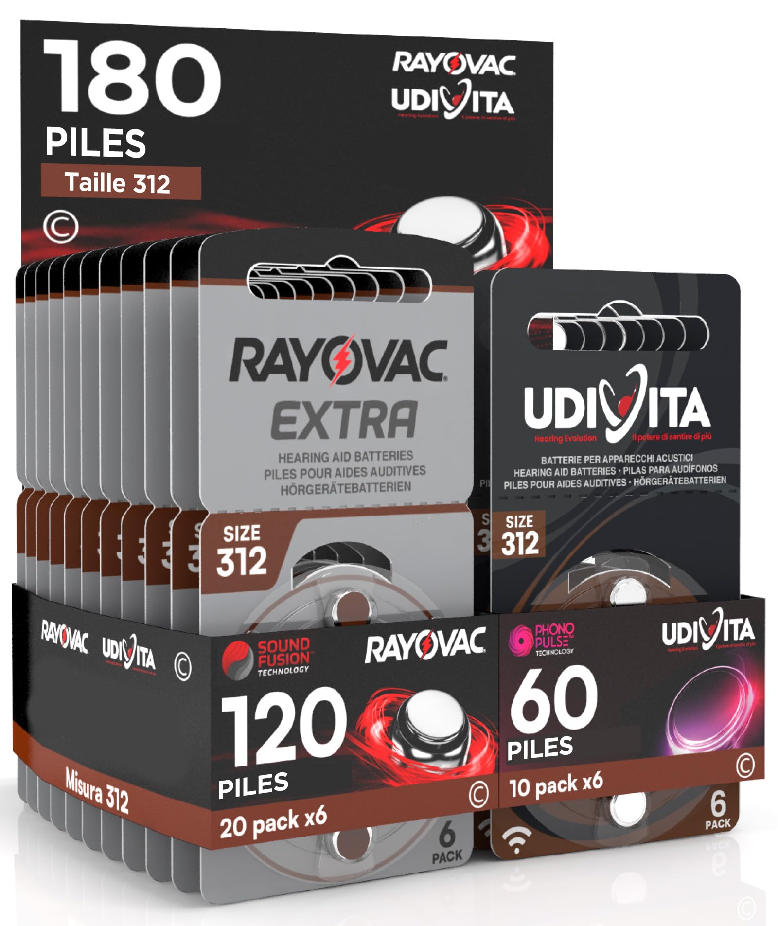 180 Piles Taille 312 pour Les Aides auditives PR41 (Marron - Zinc Air) avec la Technologie Phono Pulse pour amplificateur auditif - 180 Piles: 60 Udivita + 120 Rayovac