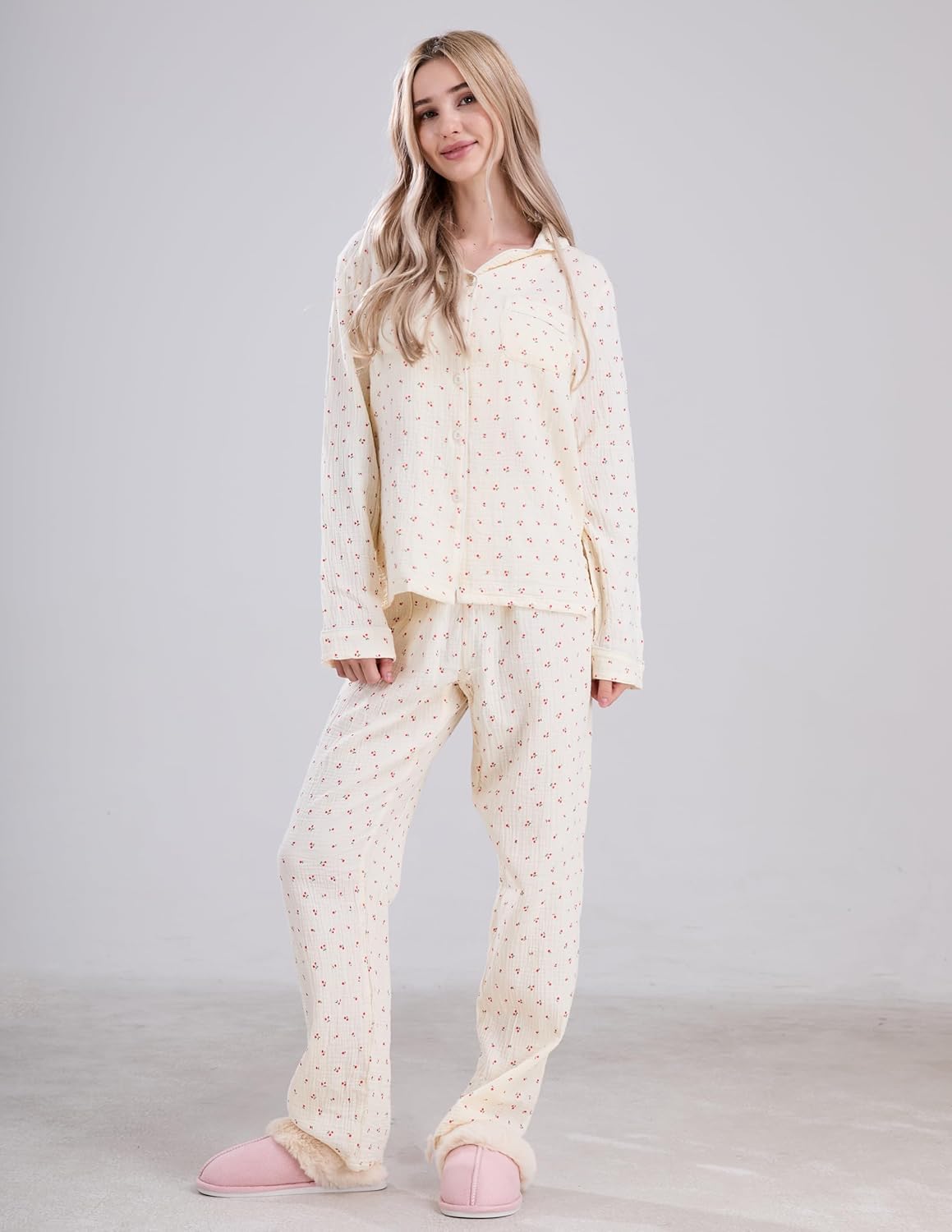 Womens Cotton Gauze Pajama Set Long Sleeve Button Up Shirt and Pants 2 Piece Cute Printed Pj Set - Image 2