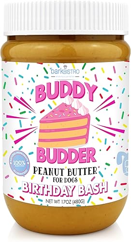 BUDDY BUDDER Birthday Bash, mantequilla de maní 100 % natural para perros, golosina saludable de mantequilla de maní para perros, fabricada en