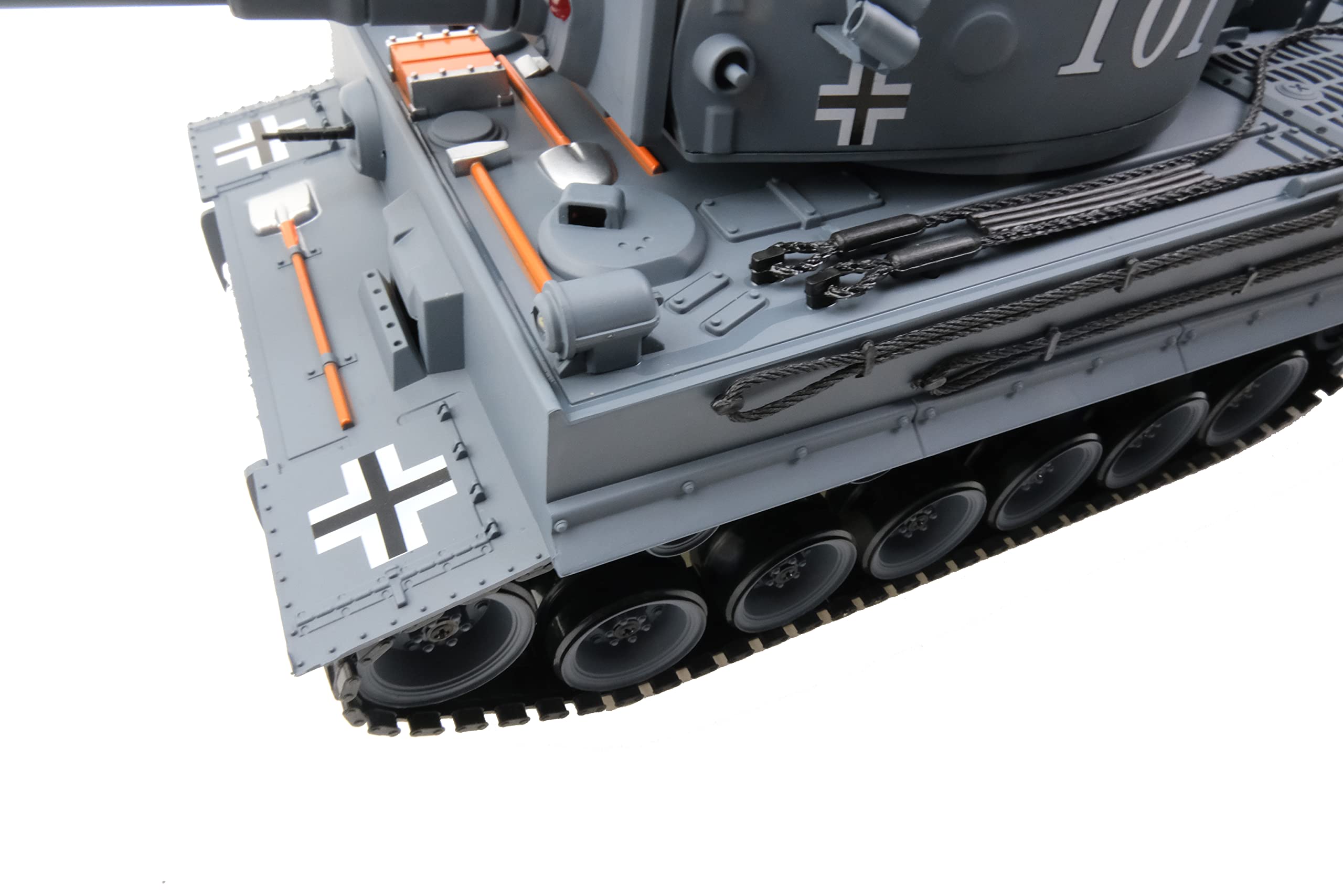 efaso Ferngesteuerter Panzer German Tiger I grau Maßstab 1:18, RC Panzer mit Schussfunktion Rauch und Sound RTR mit LED Lichtern