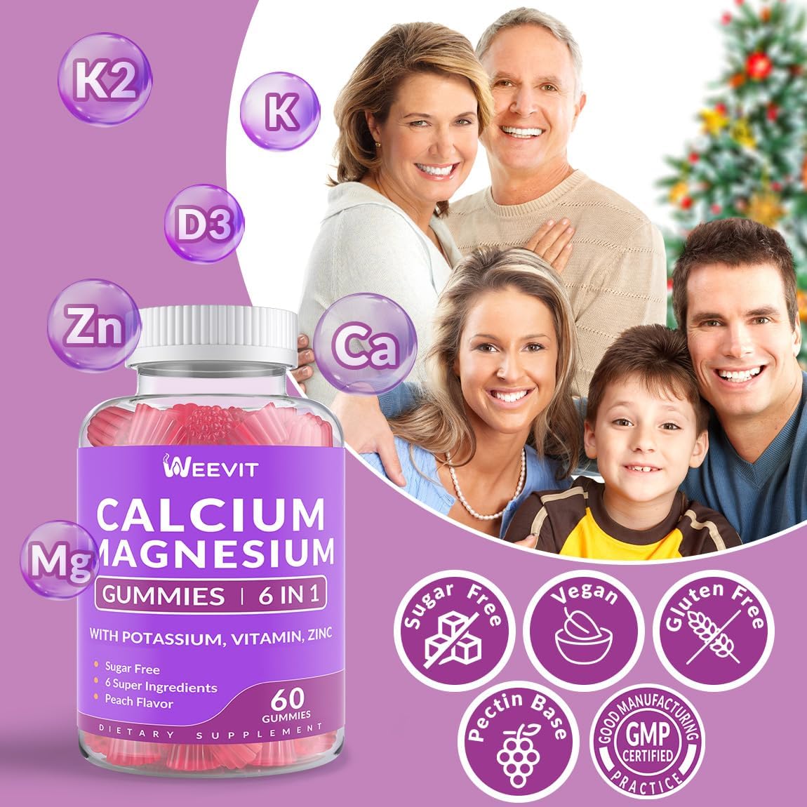 Sugar Free Calcium Gummies w/Vitamin D3 K2, Calcium Magnesium Zinc Gummies for Bone, Muscle & Immune, Algae CA Magnesium 2:1 Ratio Calcium Supplement for Women & Men - Vegan - Image 7