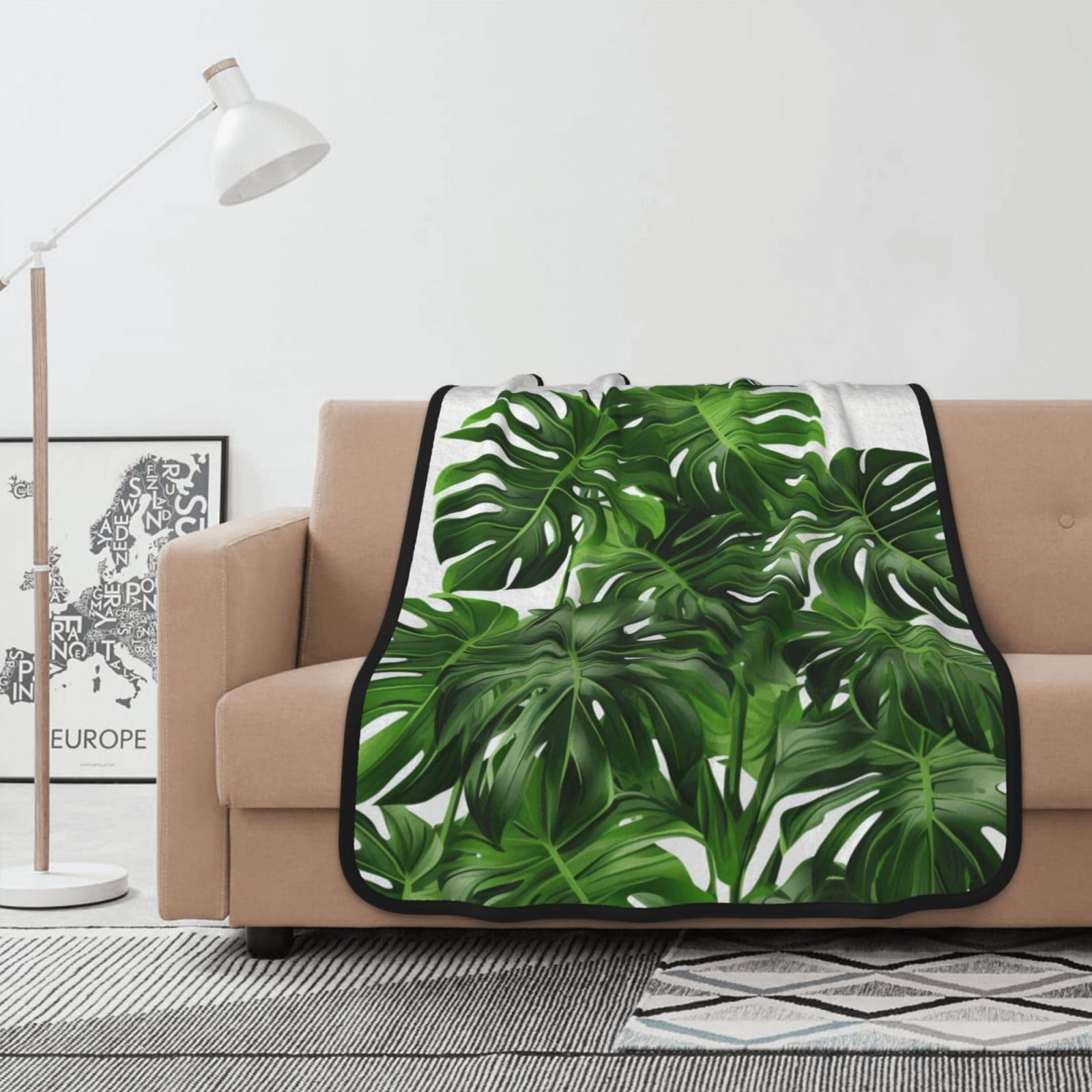 Couverture polaire Monstera Deliciosa en flanelle double face verte pour lit 127x101 cm