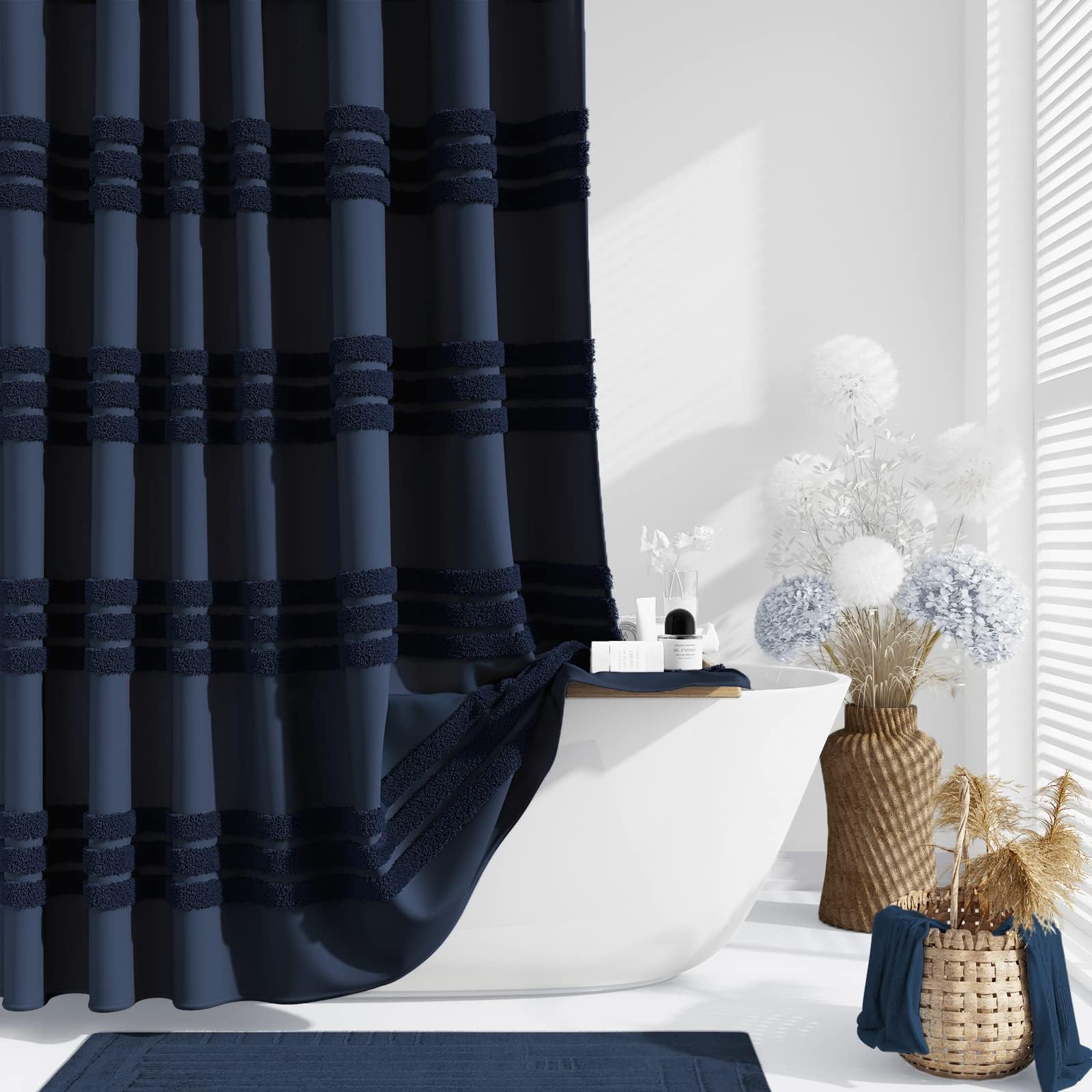 Dynamene Navy Blue Fabric Shower Curtain, Tufted Chenille Striped Textured Cloth Shower Curtains for Bathroom, Boho Farmhouse Shabby Chic Waterproof Shower Curtain Set with Hook, Wrinkle Free, 72x72