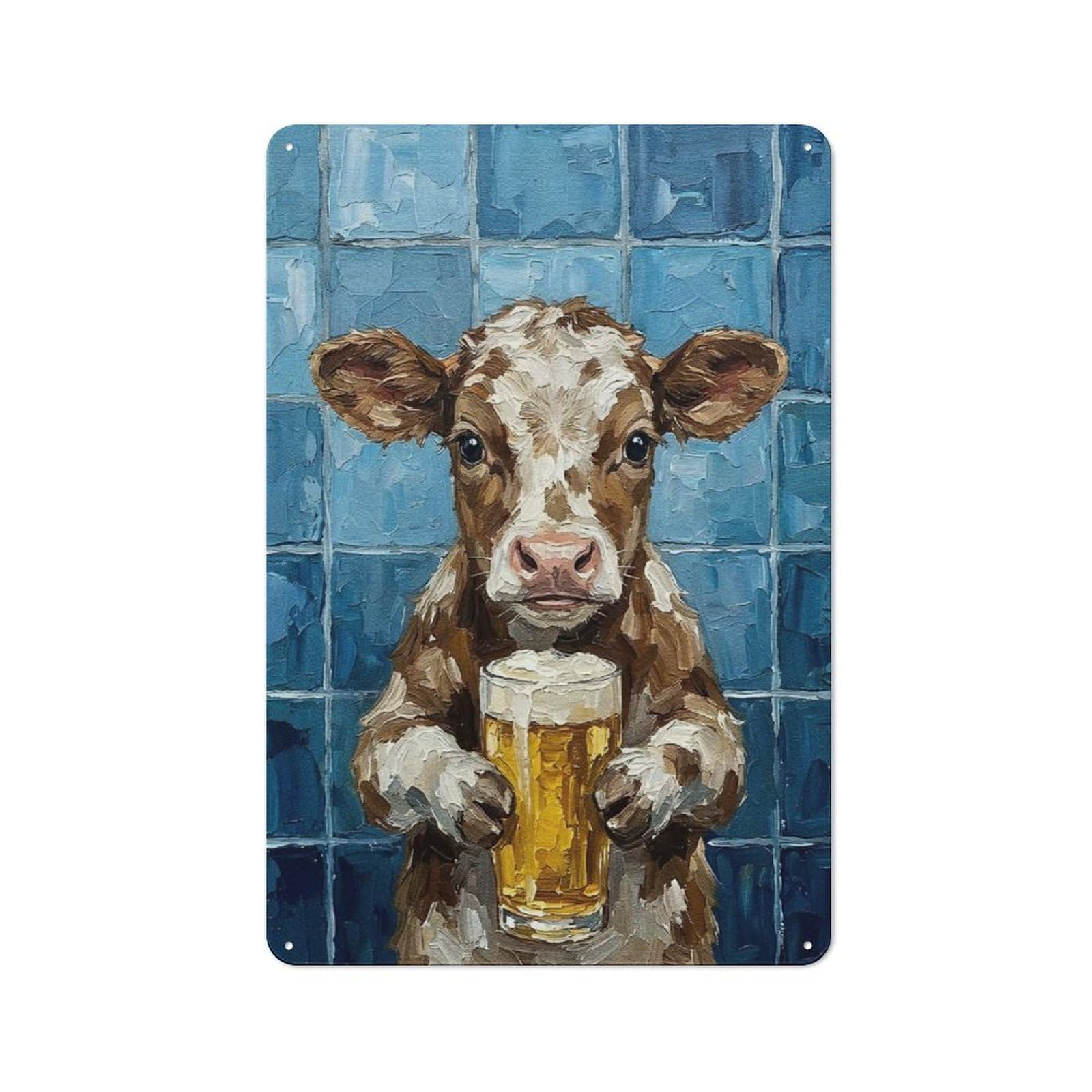 Rustic Cow Holding Beer Painting Tin Wall Plaque 30x20cm, Rustic Kitchen Decor for Cottage, Kitchen, Hallway Or Breakfast Nook