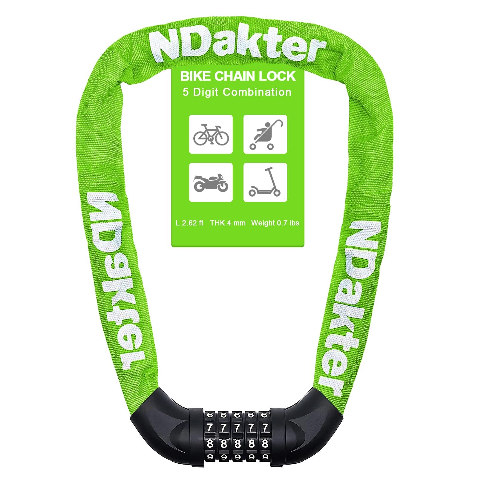NDakter Bike Lock, 5 Digit Combination Heavy Duty Anti Theft Bicycle Chain Lock, 2.62/3.2/4.27/5/6Ft Long, High Security Resettable, Suitable for Bike, Scooter, Door, Gate, Fence-4/6mm Thick