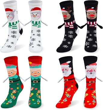 4 Pairs Magnetic Christmas Socks, Interactive Hand-Holding Design for Secret Santa & White Elephant Gifts