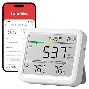 SwitchBot CO2 Detector, Air Quality Monitor Indoor, CO2 Monitor for CO2/TEMP/Humidity, Portable Carbon Dioxide Detector for Home/Car/Office/Greenhouse