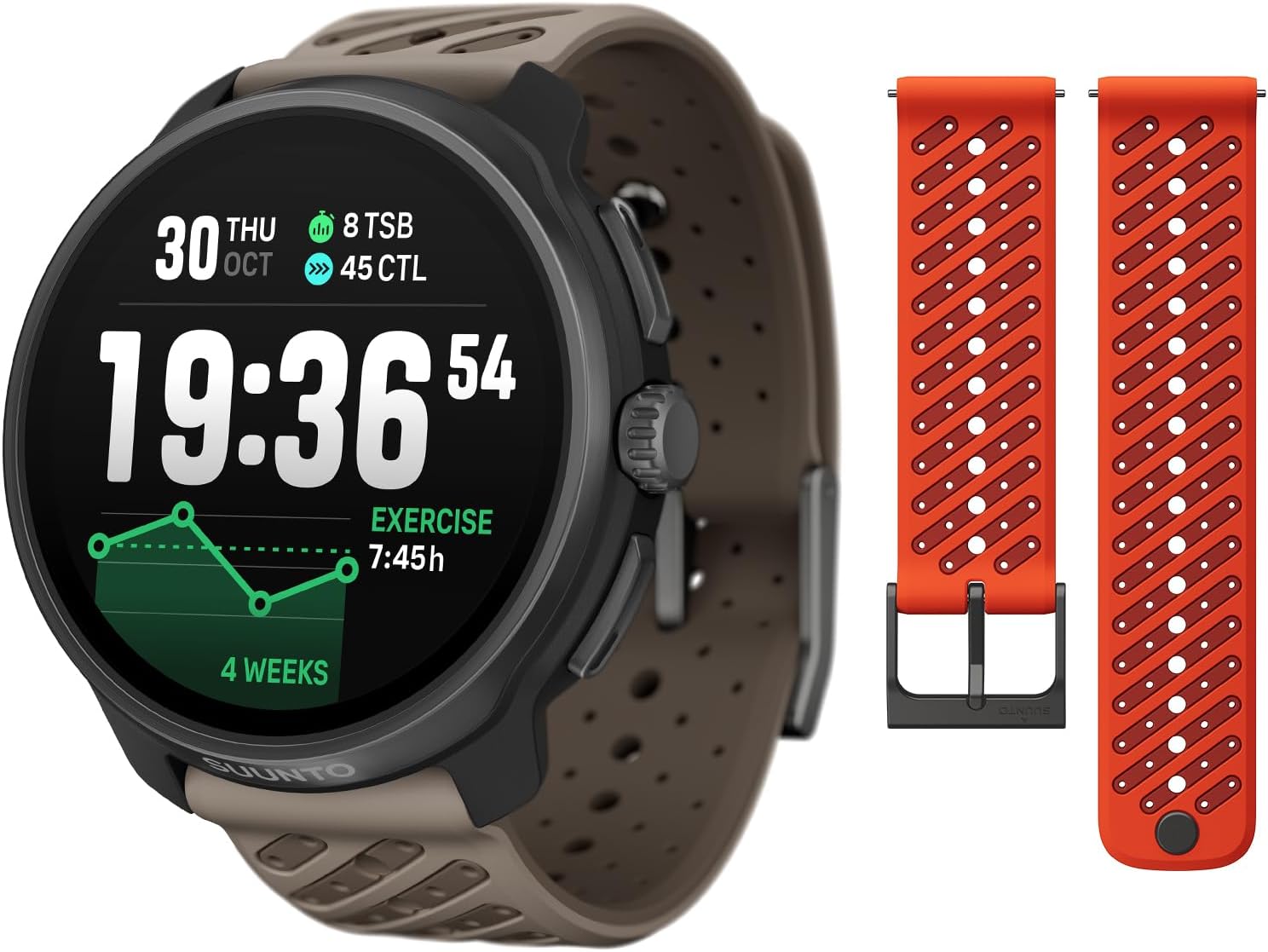 SUUNTO Race 2 GPS Sports Watch, 1.5" AMOLED Touchscreen w/Crown, Titanium Trail & SUUNTO 22 ATH8 Silicone Strap Orange S+M