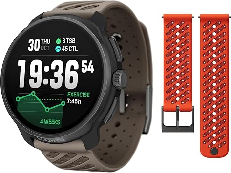 SUUNTO Race 2 GPS Sports Watch, 1.5" AMOLED Touchscreen w/Crown, Titanium Trail & SUUNTO 22 ATH8 Silicone Strap Orange S+M