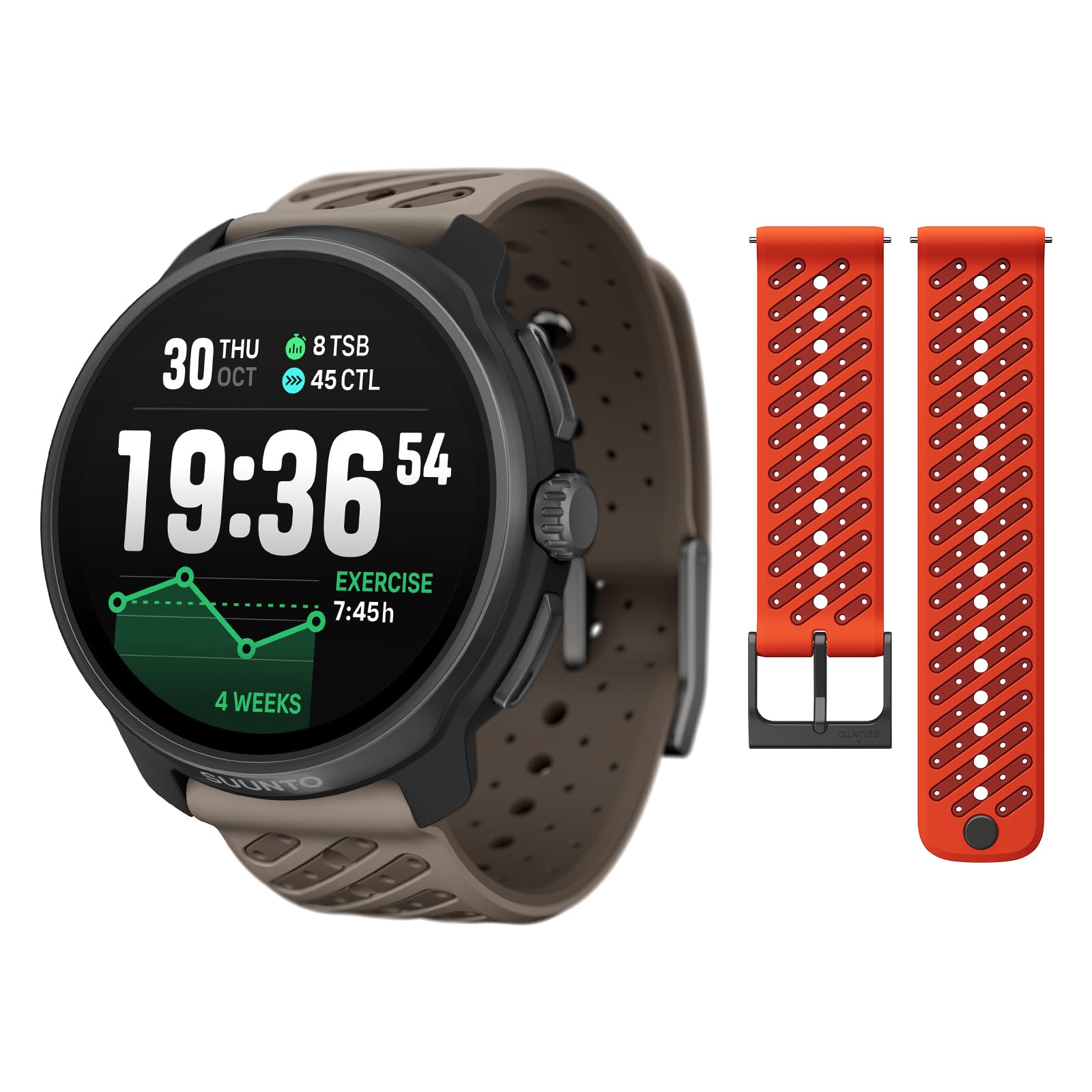 SUUNTO Race 2 GPS Sports Watch, 1.5" AMOLED Touchscreen w/Crown, Titanium Trail &amp; SUUNTO 22 ATH8 Silicone Strap Orange S+M